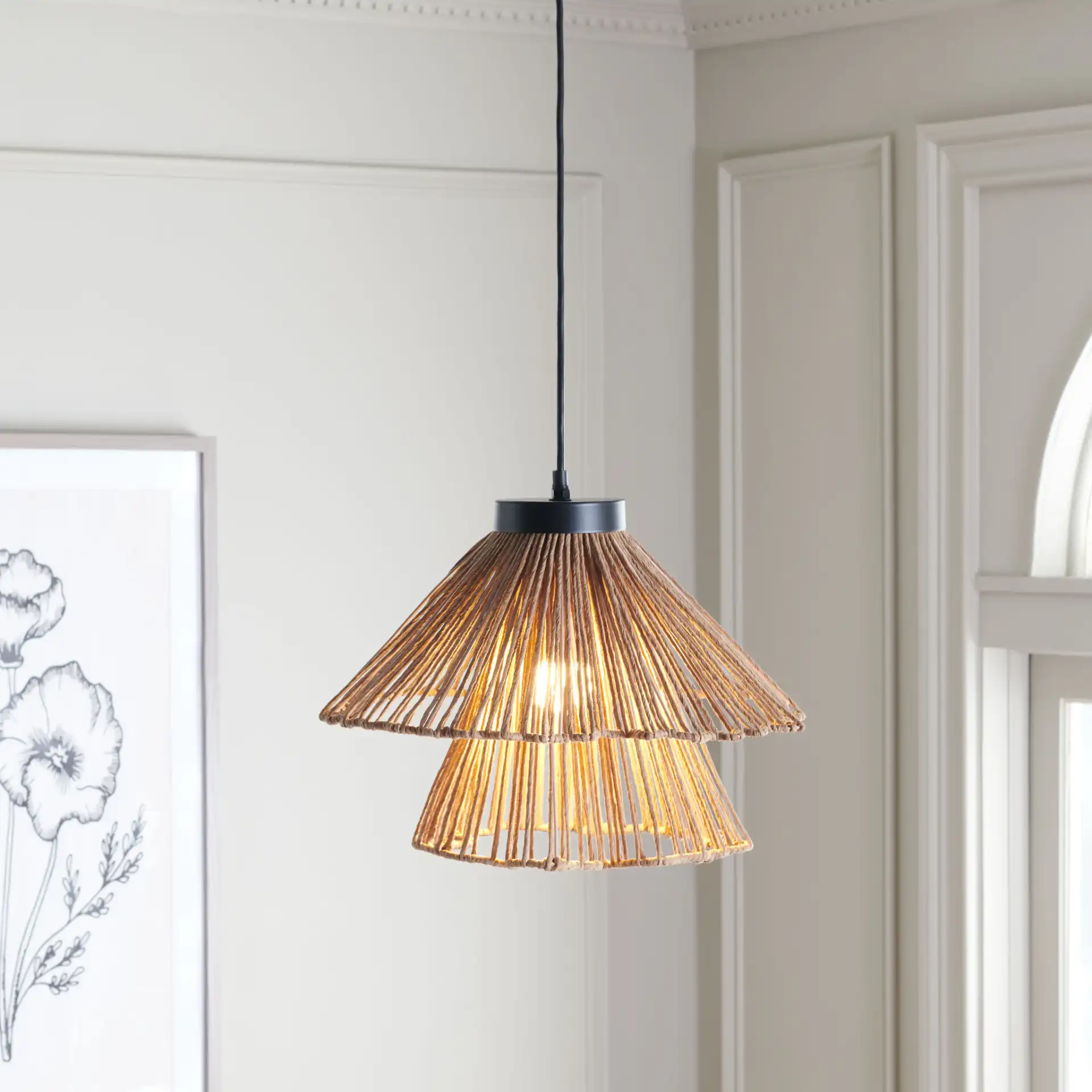 Kaia Pendant in Natural / Black in a styled room