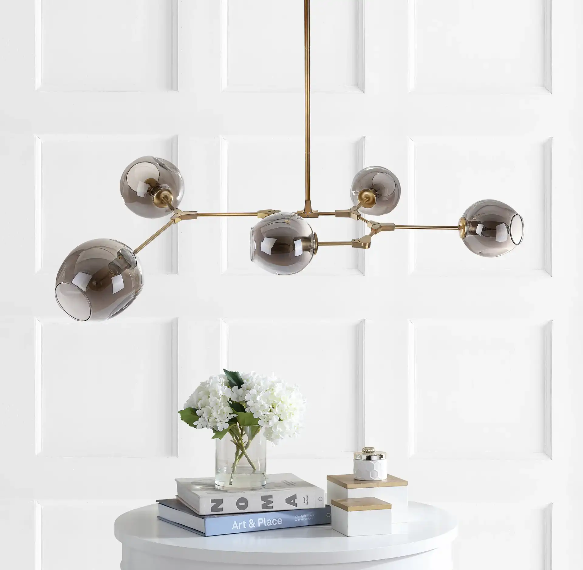 Corbett Five-Light Pendant in Greige in a styled room