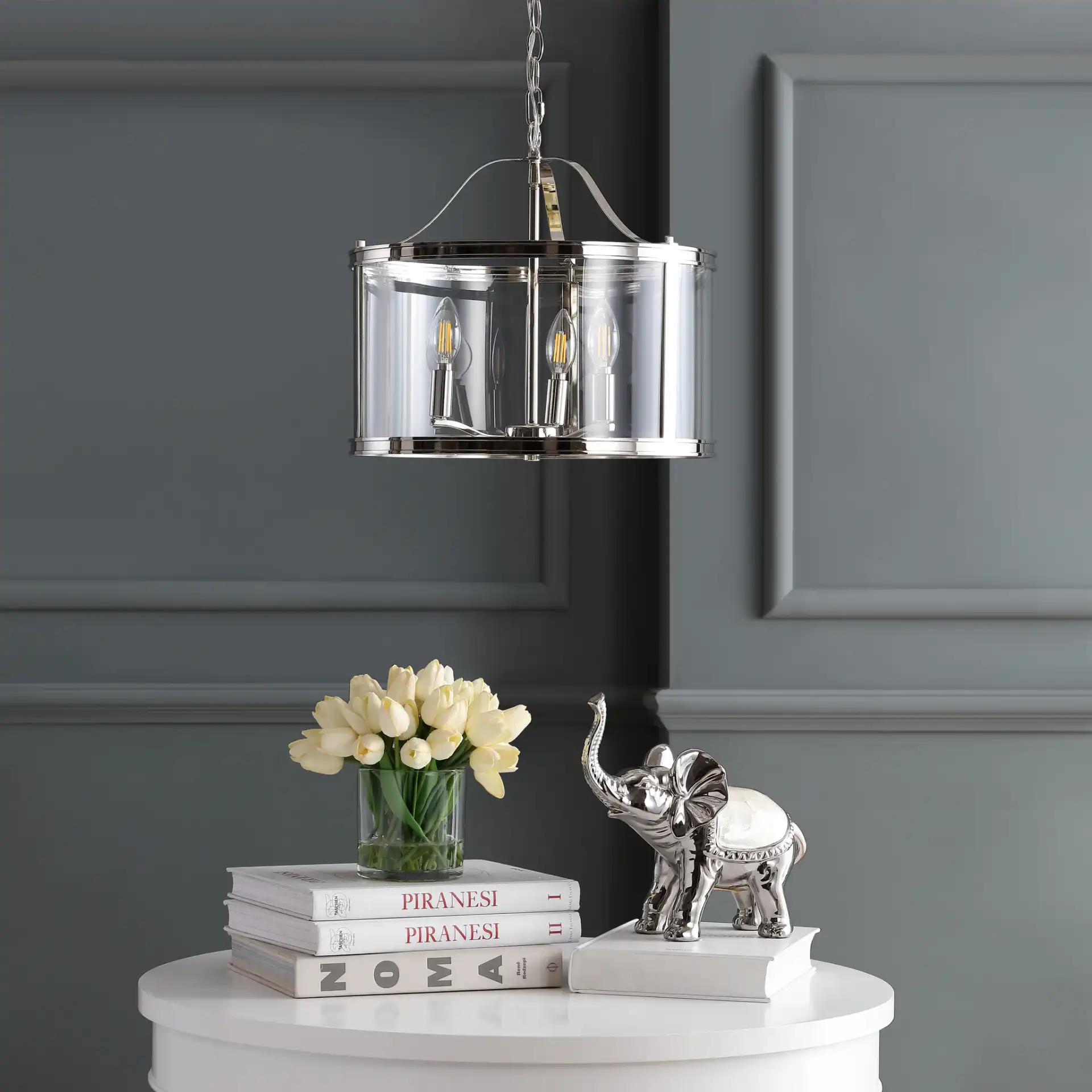 Jude Three-Light Pendant in Nickel in a styled room