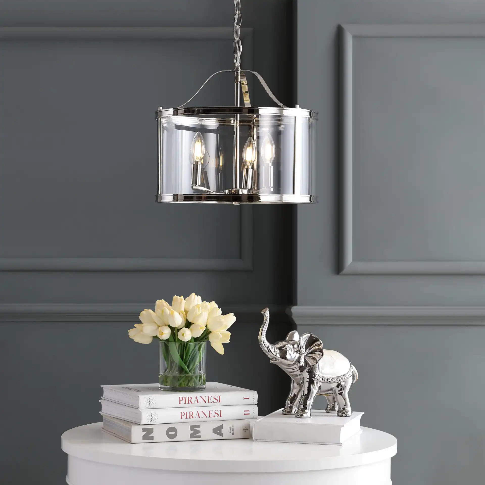 Jude Three-Light Pendant in Nickel in a styled room