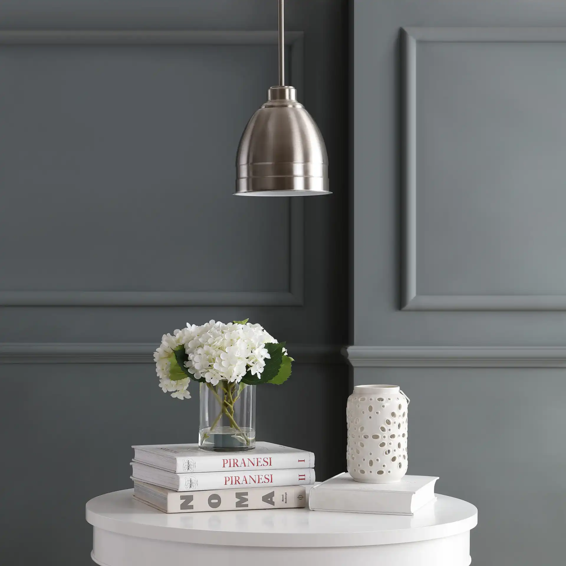 Riley Pendant in Nickel in a styled room