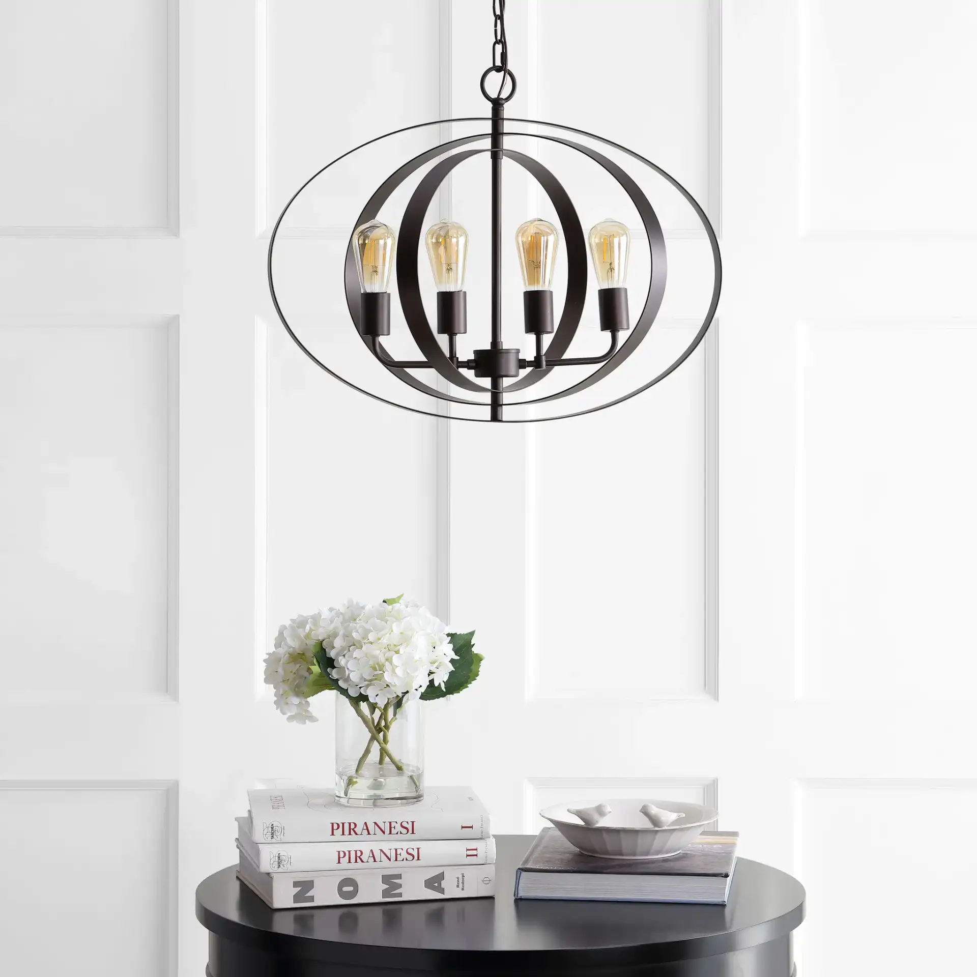 Killian Four-Light Pendant in Brass in a styled room