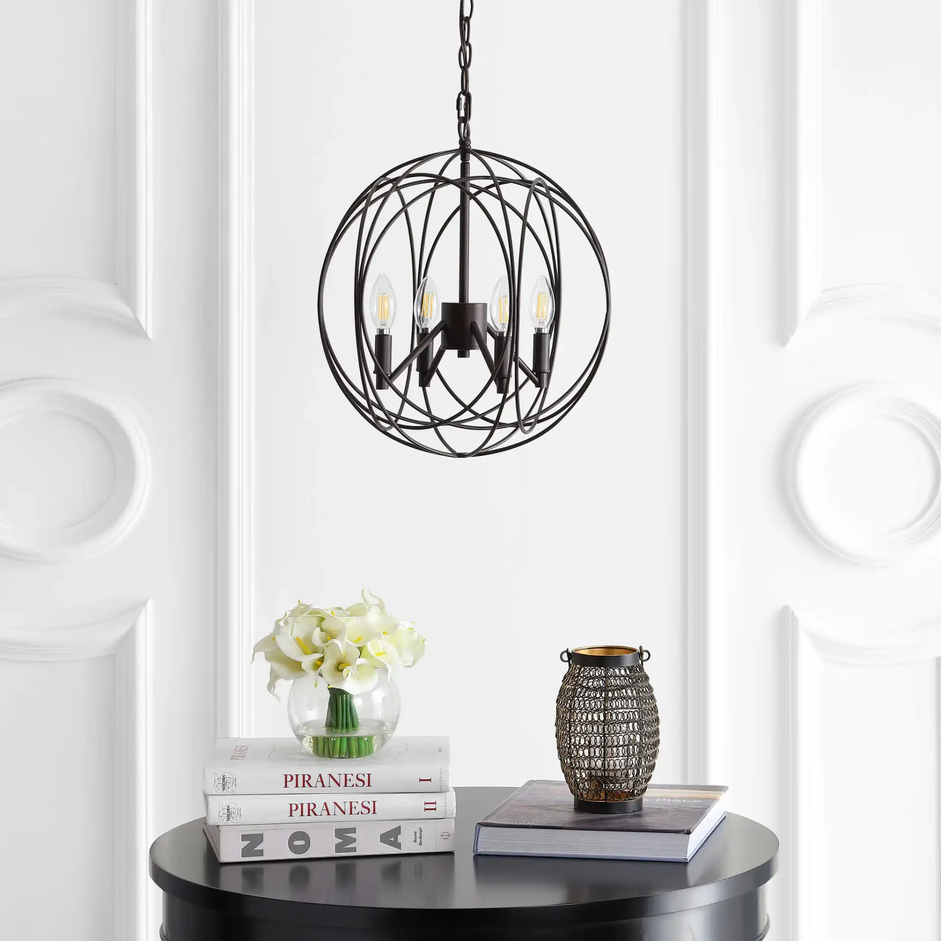 Cason Four-Light Pendant in Brass in a styled room