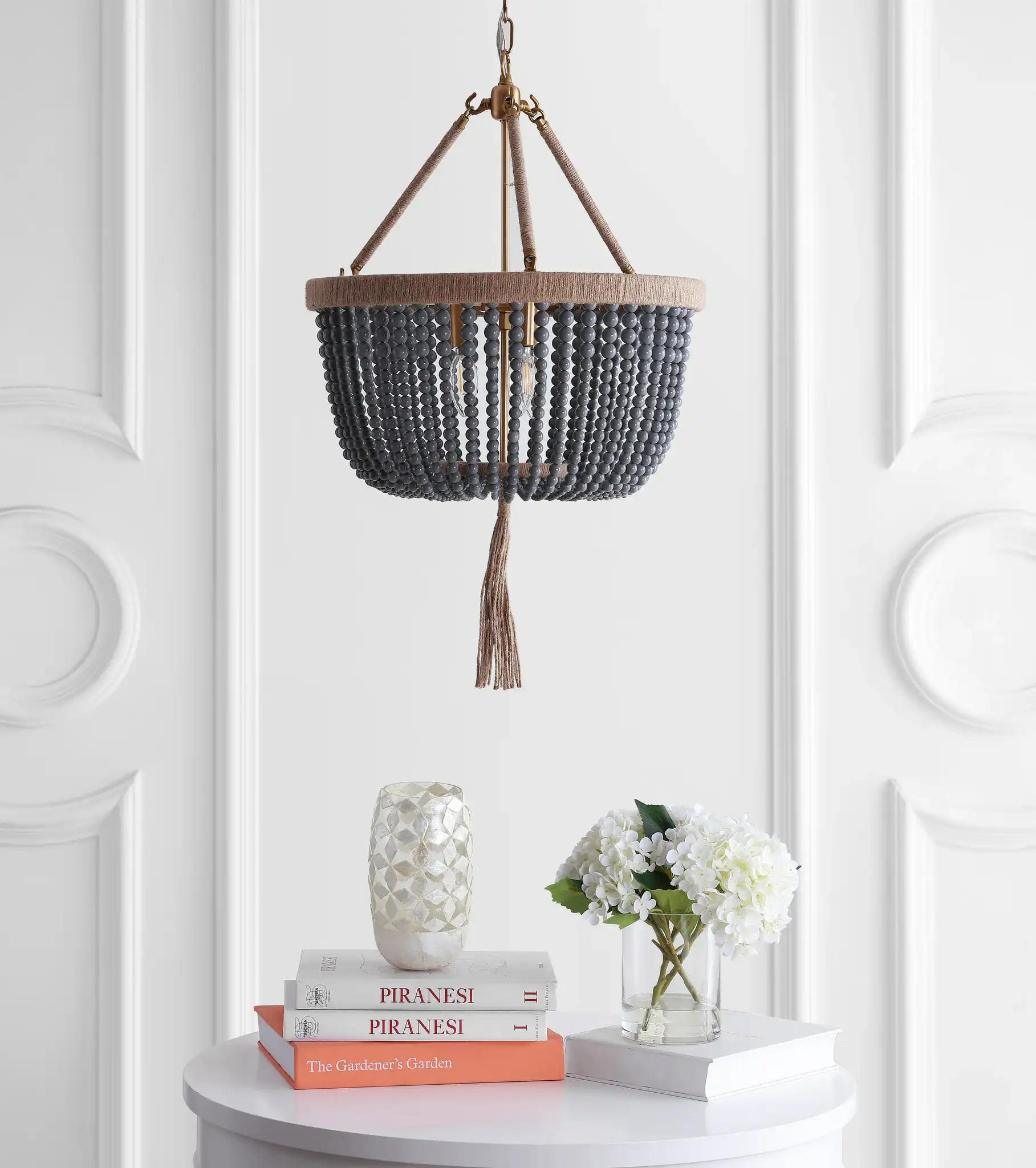 Adra Three-Light Pendant in Gray in a styled room