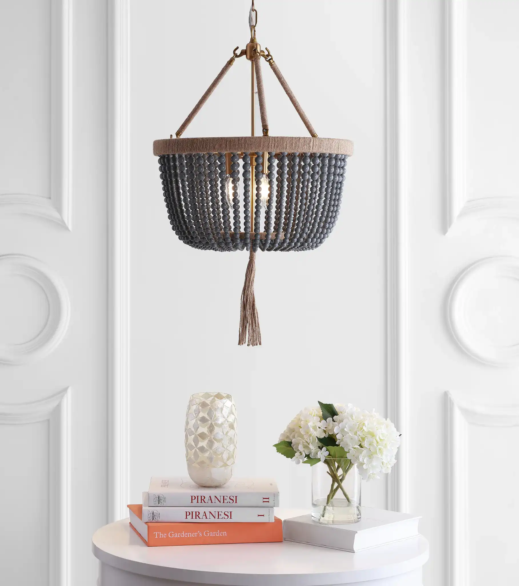 Adra Three-Light Pendant in Gray in a styled room