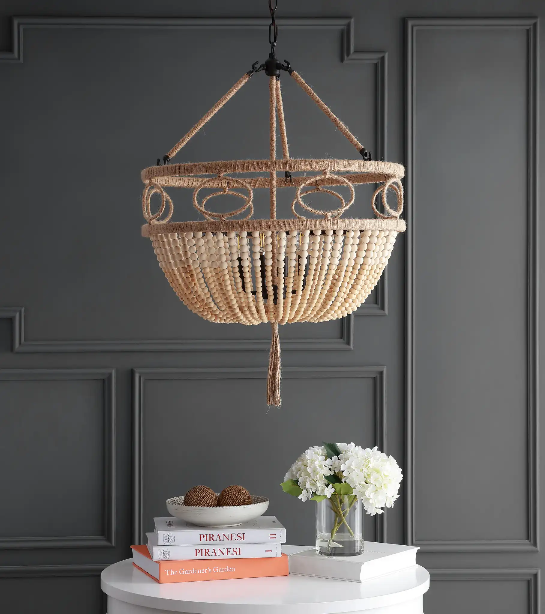 Whitley Four-Light Pendant in Natural / Bronze in a styled room