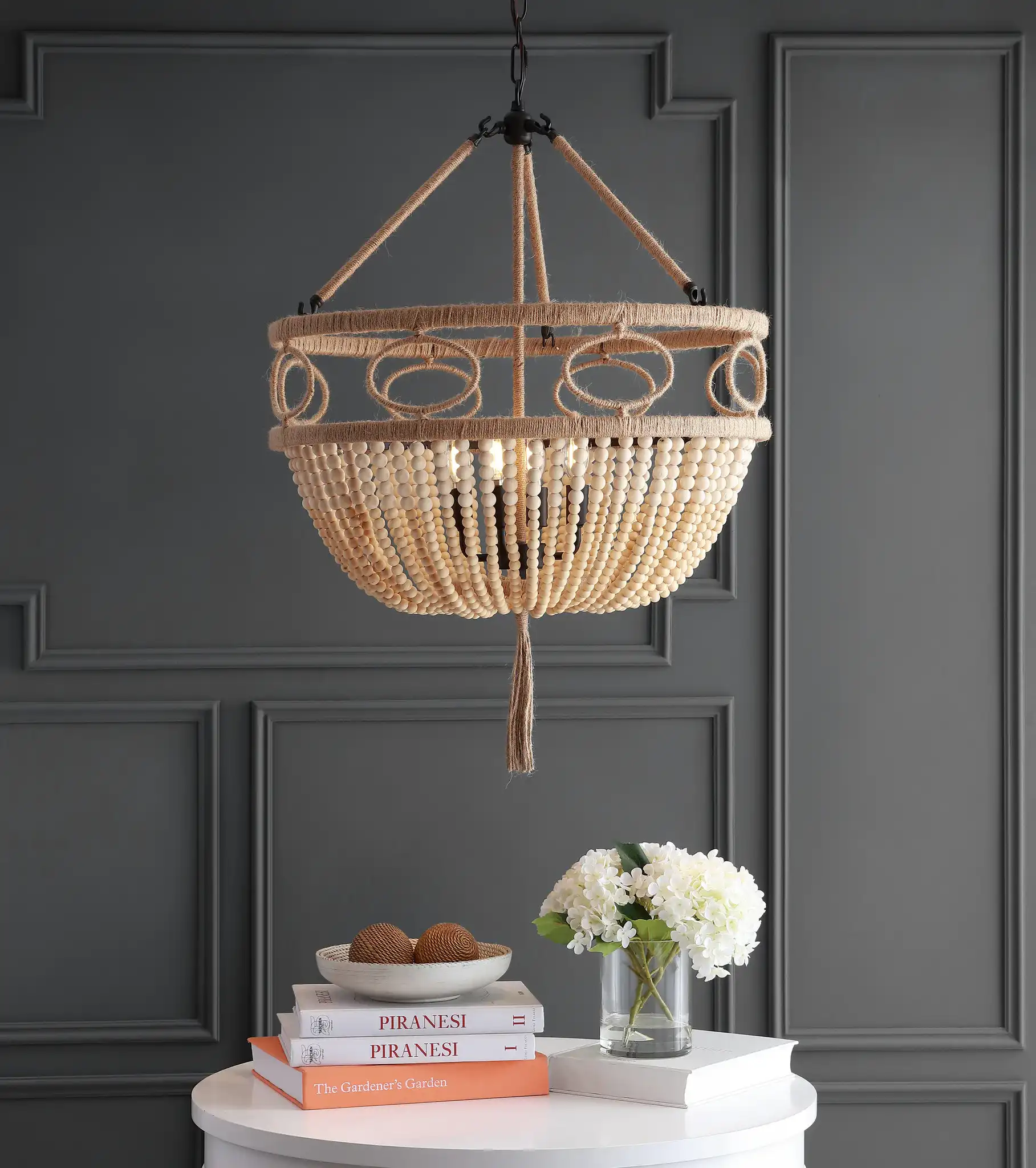 Whitley Four-Light Pendant in Natural / Bronze in a styled room