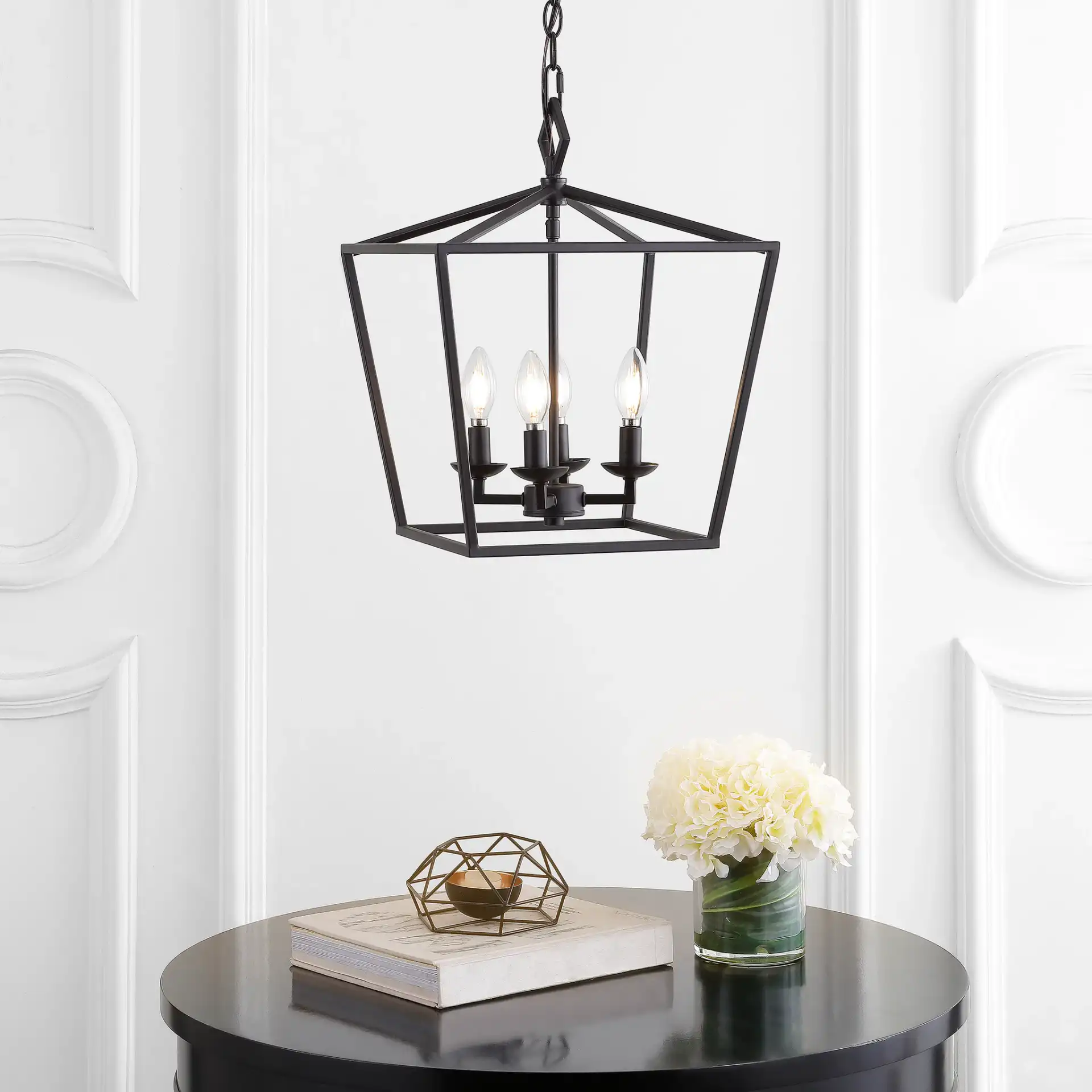 Rosalen Four-Light Pendant in Oil Rub Bronze in a styled room