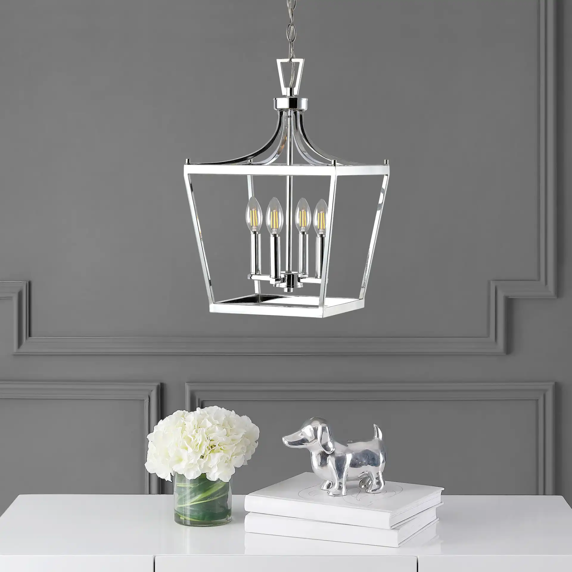 Nichi Four-Light Pendant in Chrome in a styled room