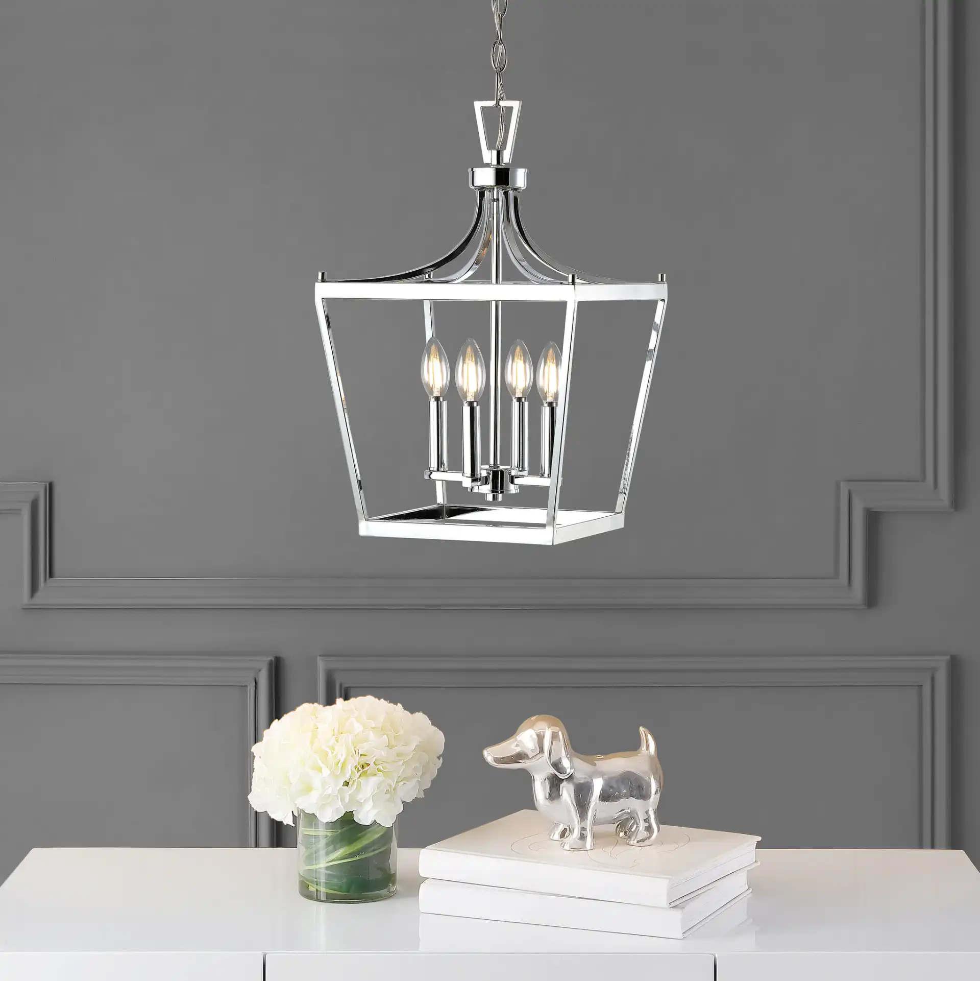 Nichi Four-Light Pendant in Chrome in a styled room