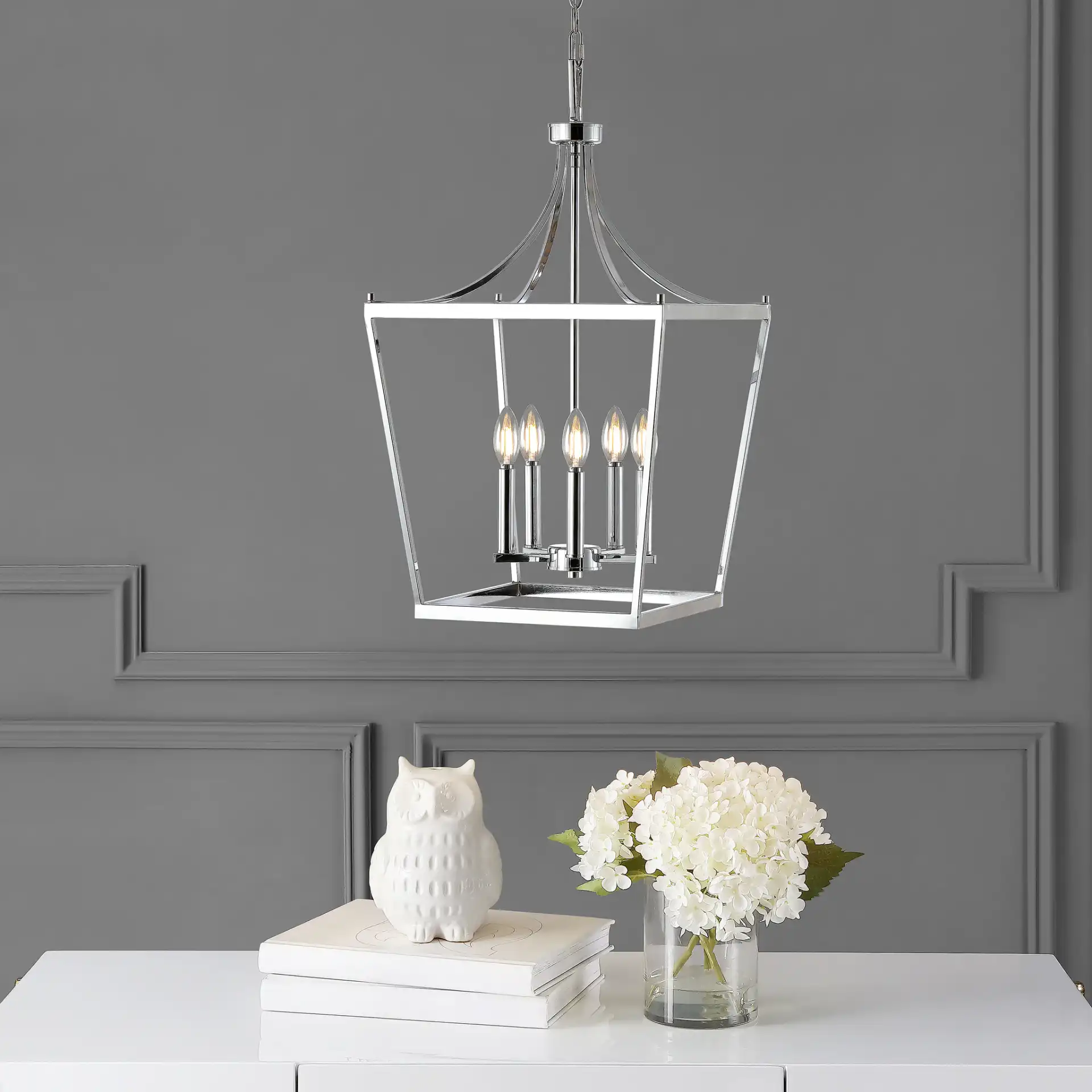 Kenris Five-Light Pendant in Chrome in a styled room