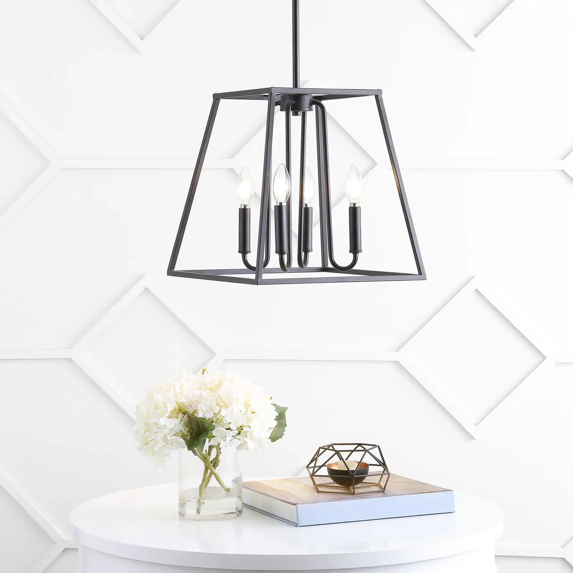 Porten Four-Light Pendant in Oil Rubbed Bronze (Black) in a styled room