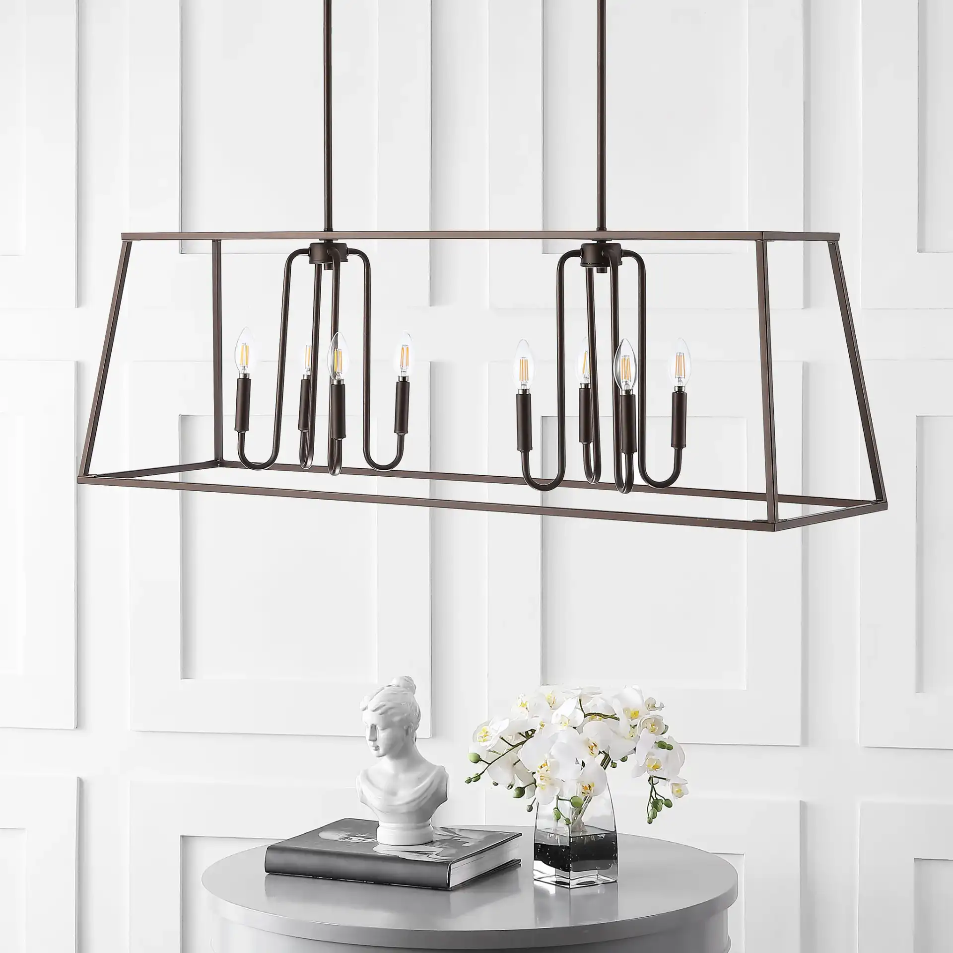 Onia Eight-Light Pendant in Oil Rubbed Bronze (Black) in a styled room