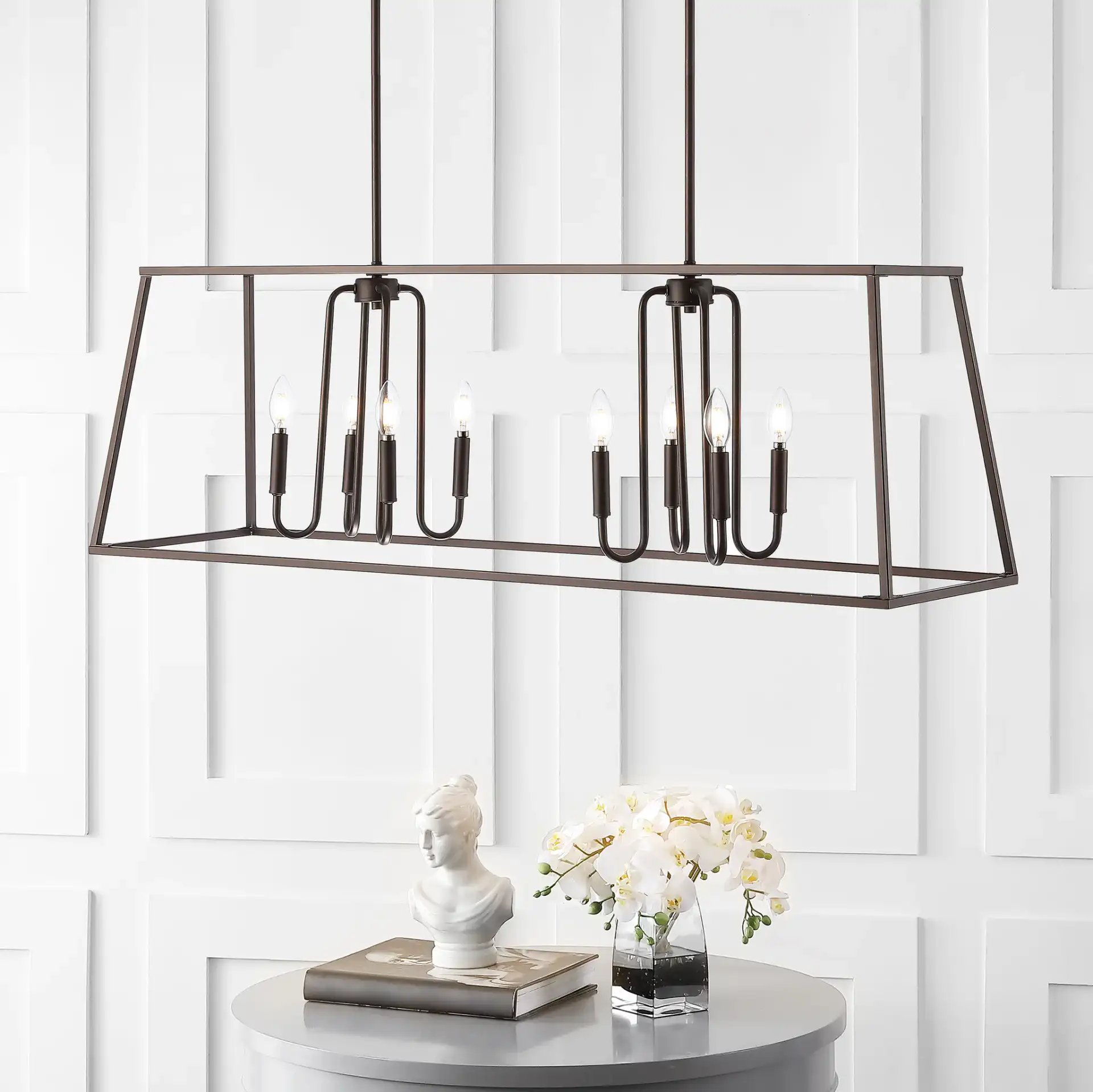 Onia Eight-Light Pendant in Oil Rubbed Bronze (Black) in a styled room