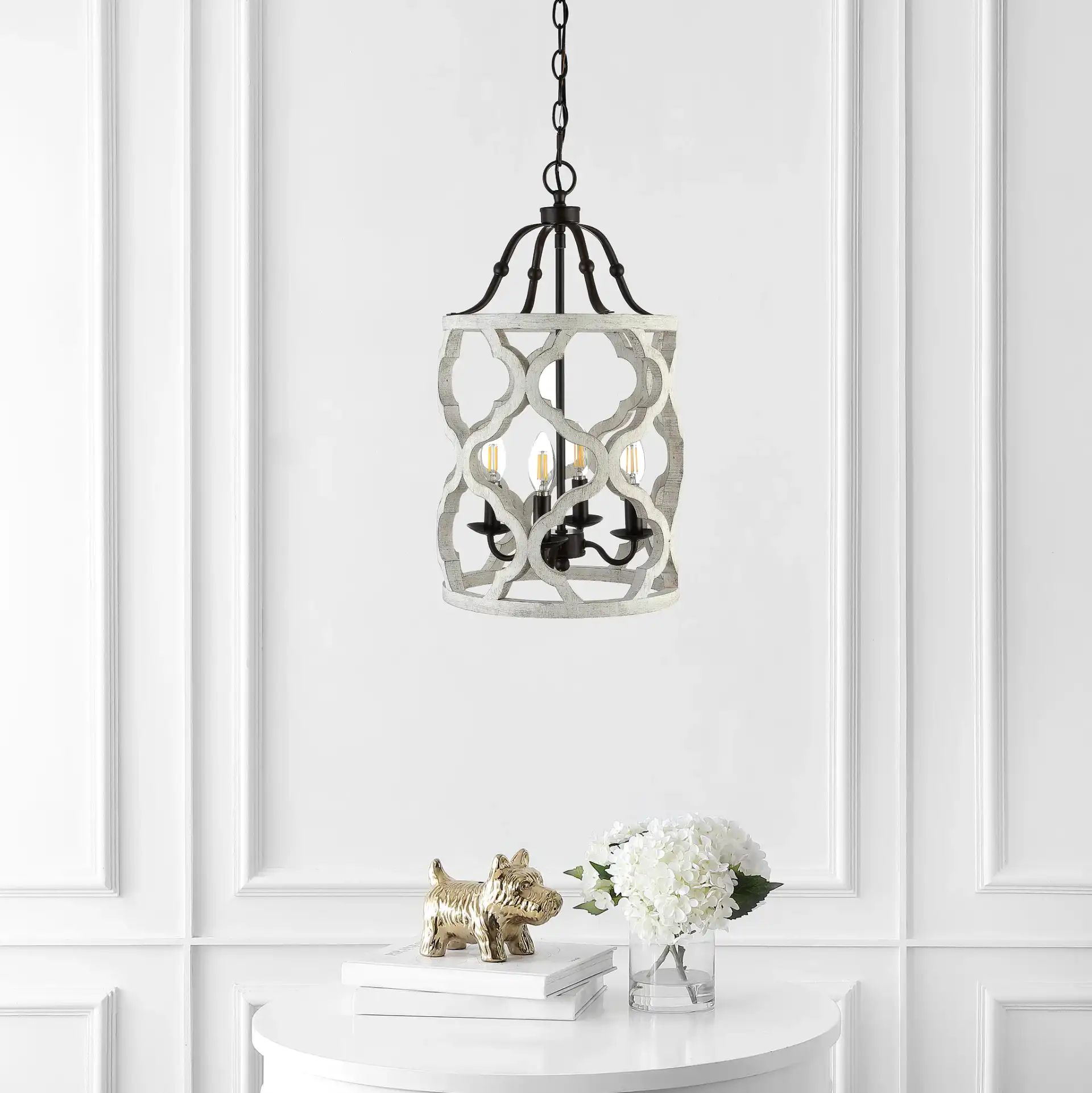 Quinby Four-Light Pendant in Oil Rubbed Bronze (Black) / White in a styled room