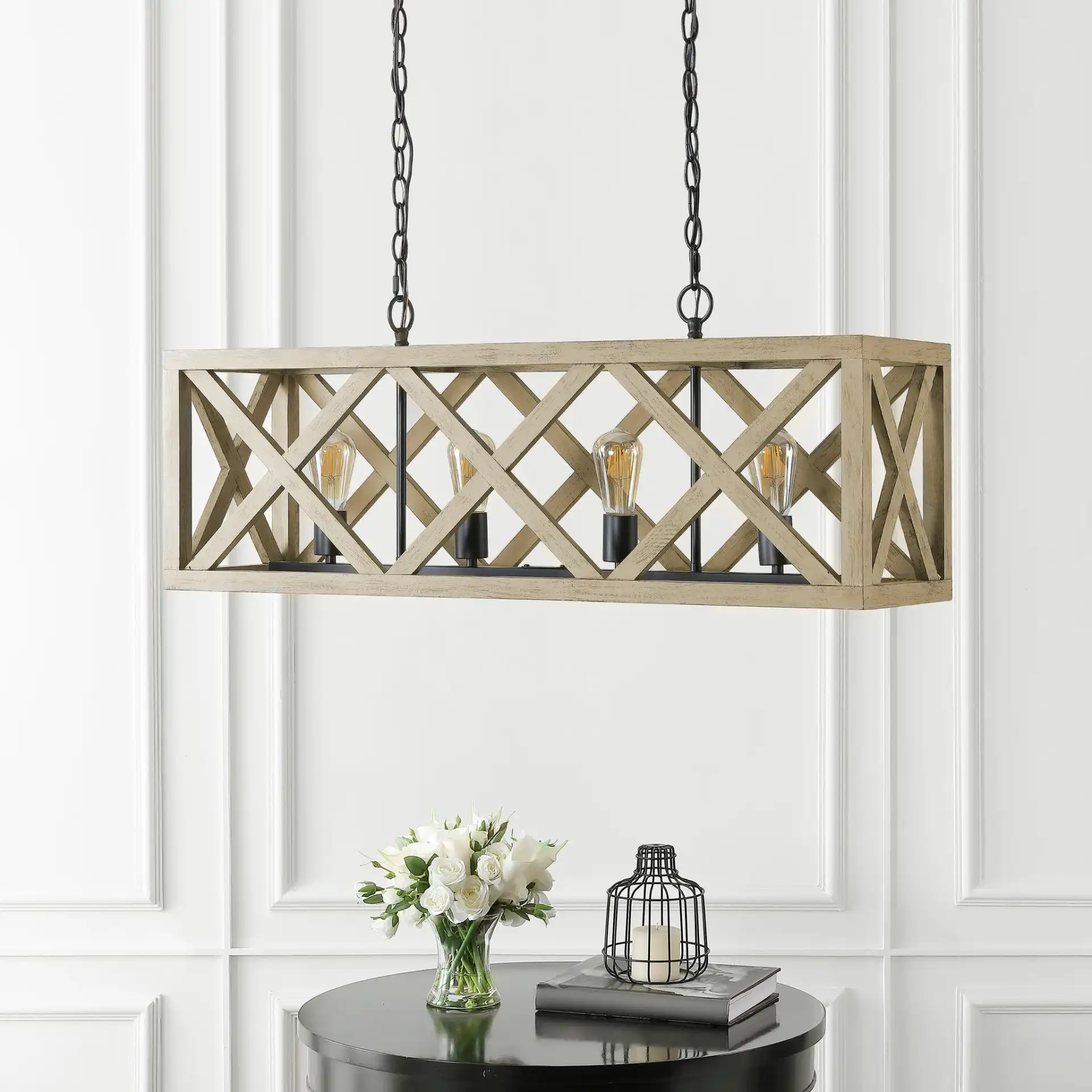 Sagan Four-Light Pendant in Natural / Black in a styled room