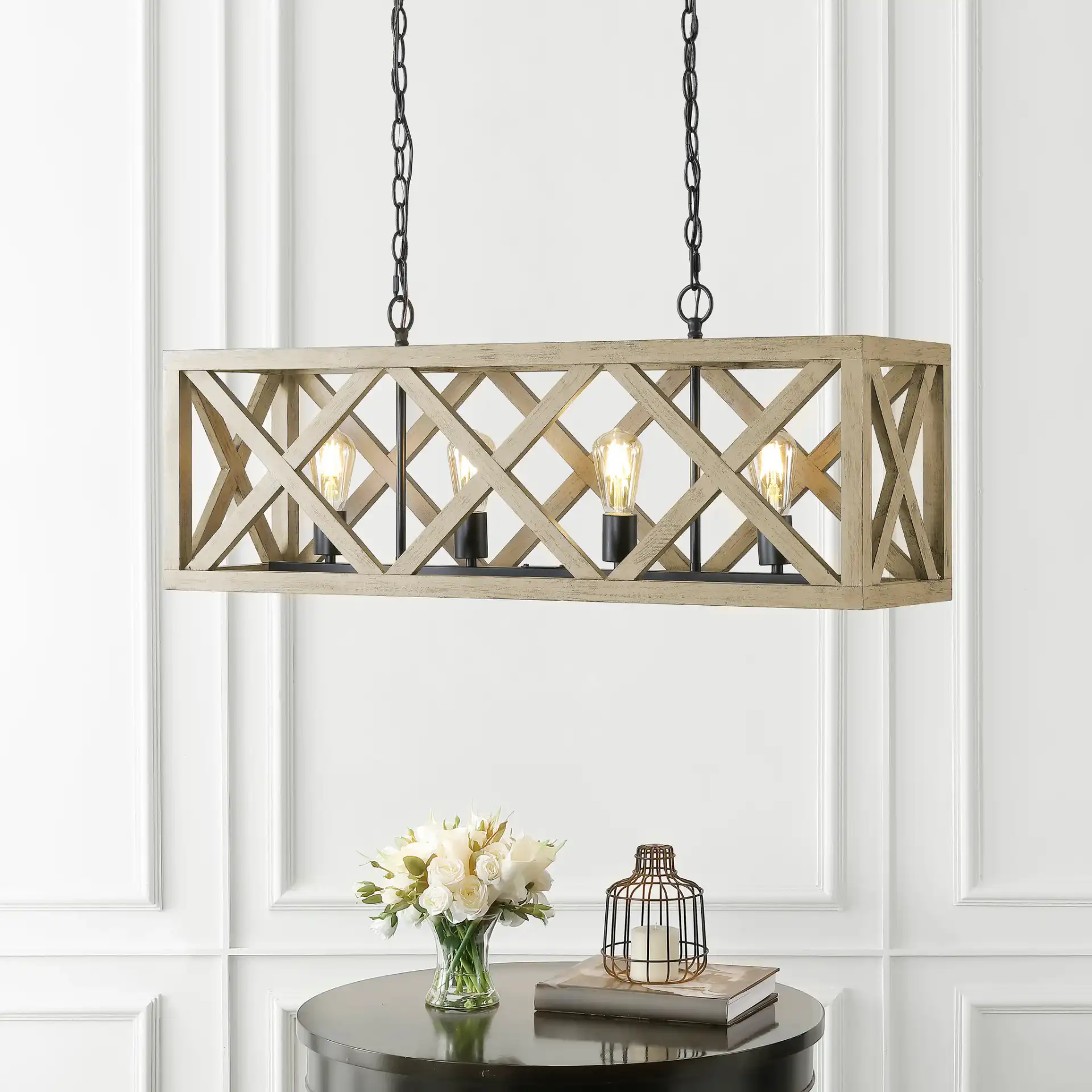 Sagan Four-Light Pendant in Natural / Black in a styled room
