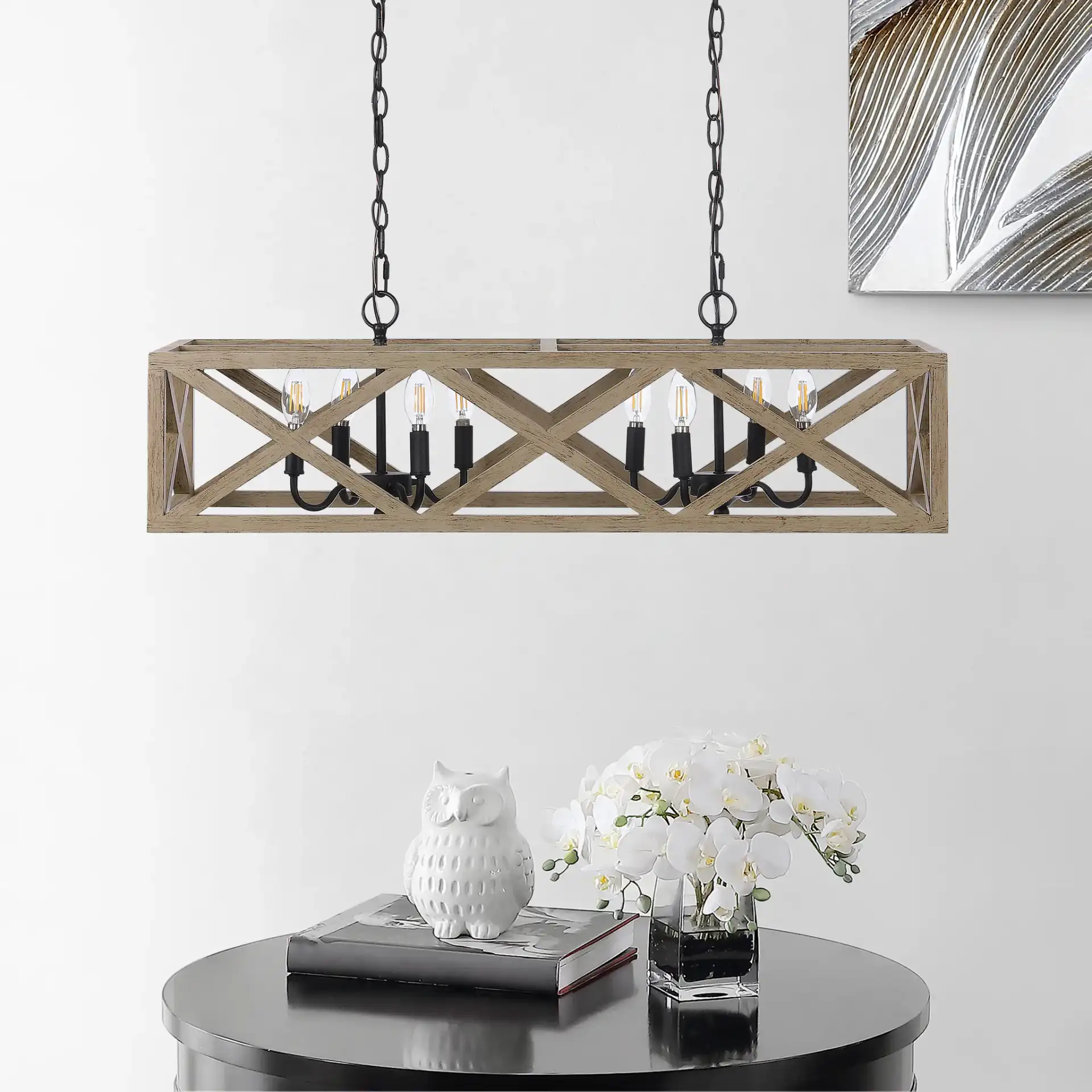 Quentin Eight-Light Pendant in Black in a styled room