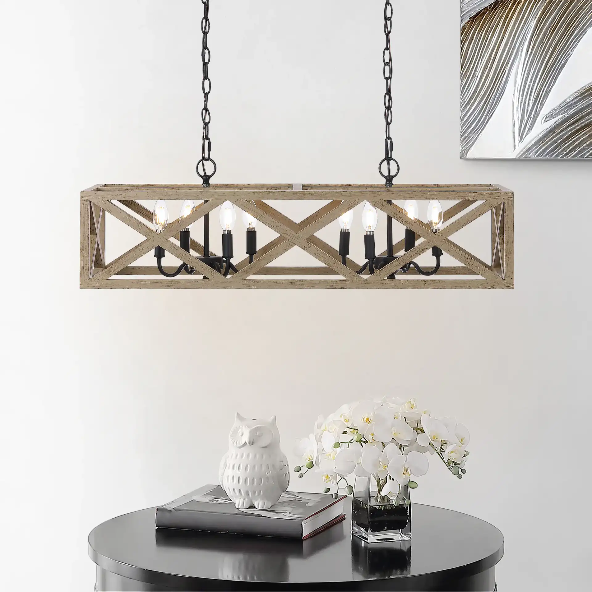 Quentin Eight-Light Pendant in Black in a styled room