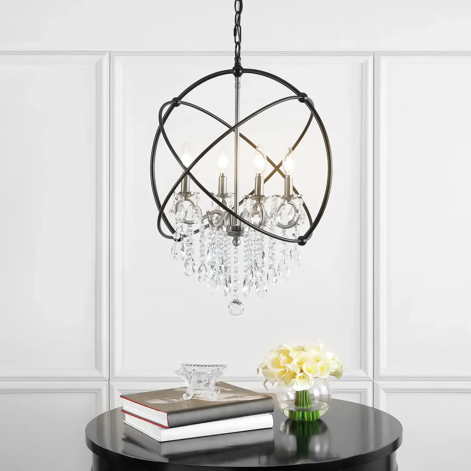 Sabina Four-Light Pendant in Bronze in a styled room