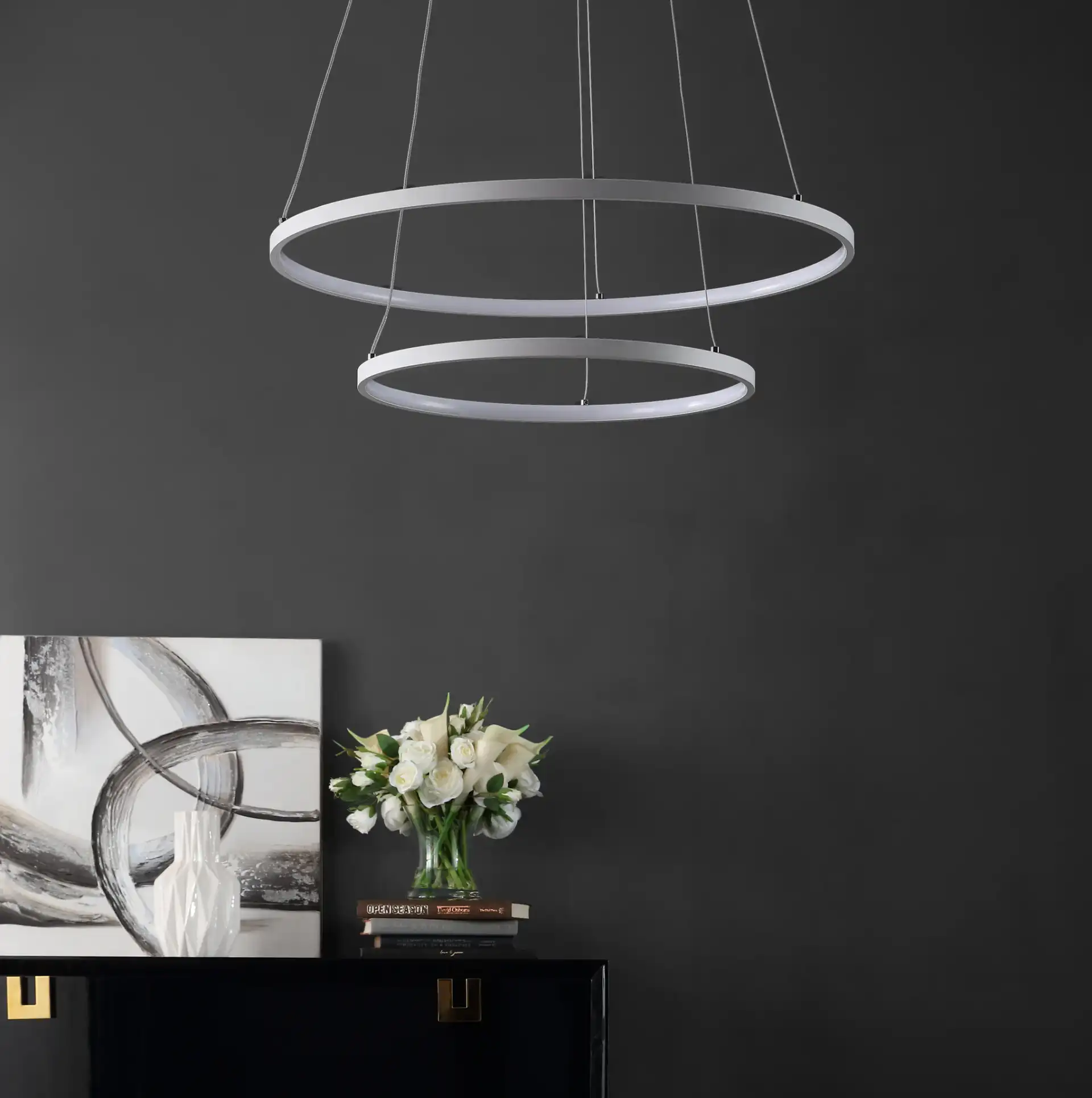 Faven Led Pendant in White in a styled room