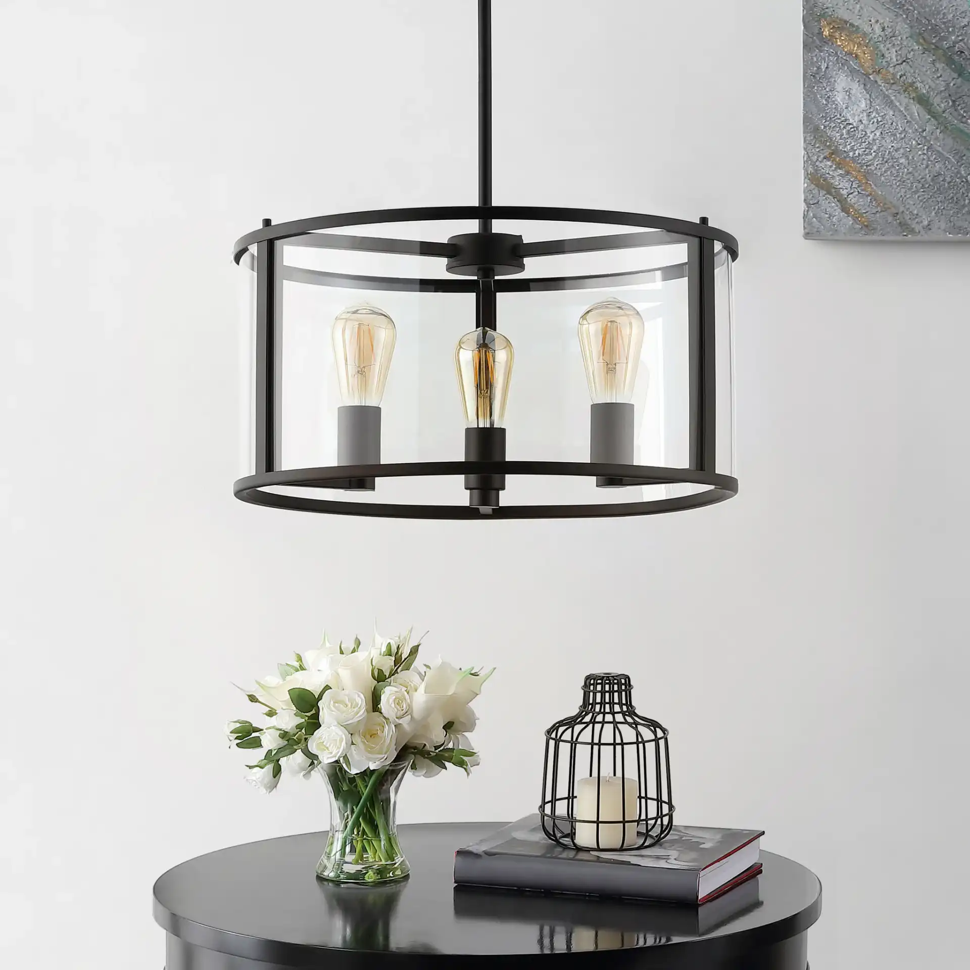 Relom Four-Light Pendant in Bronze in a styled room