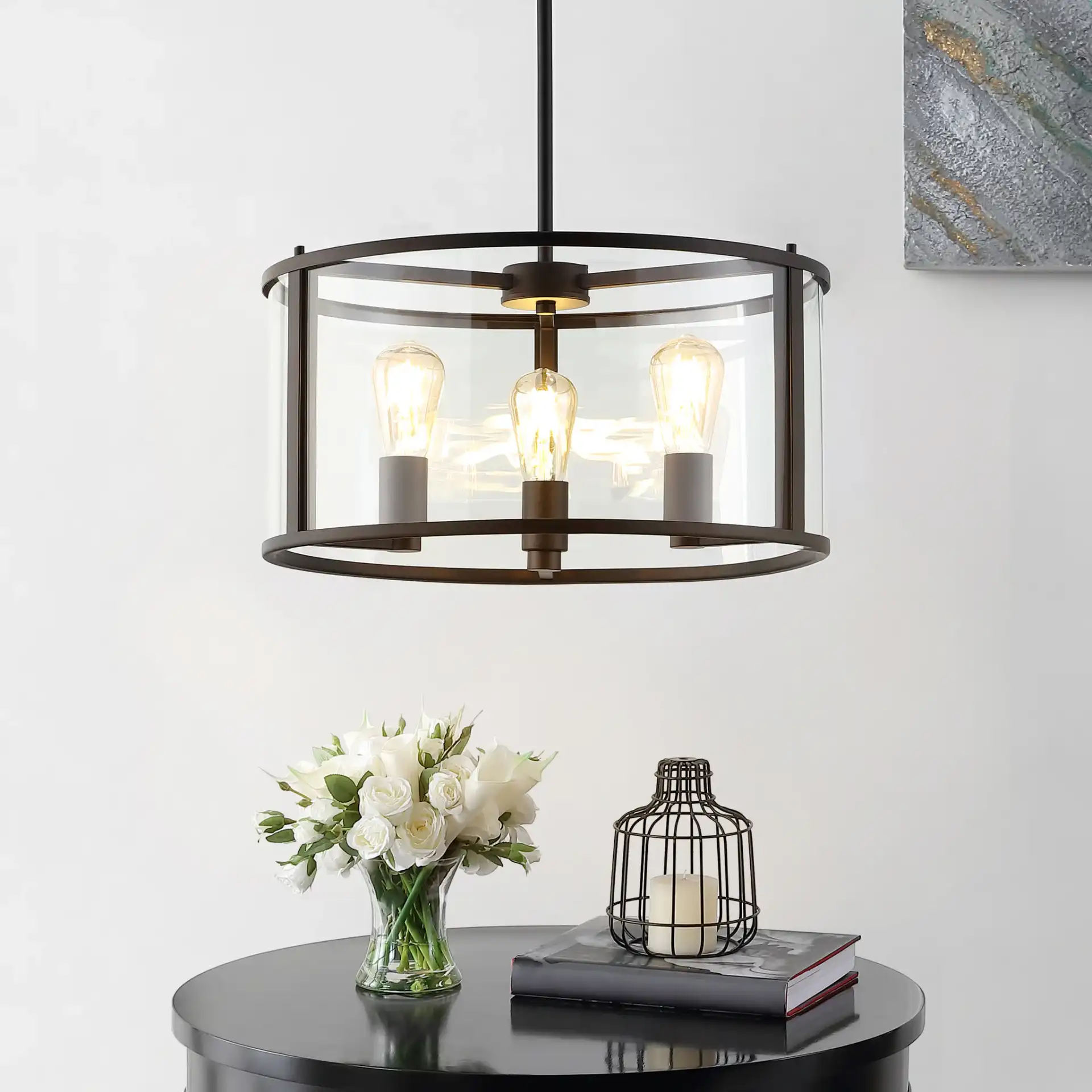 Relom Four-Light Pendant in Bronze in a styled room