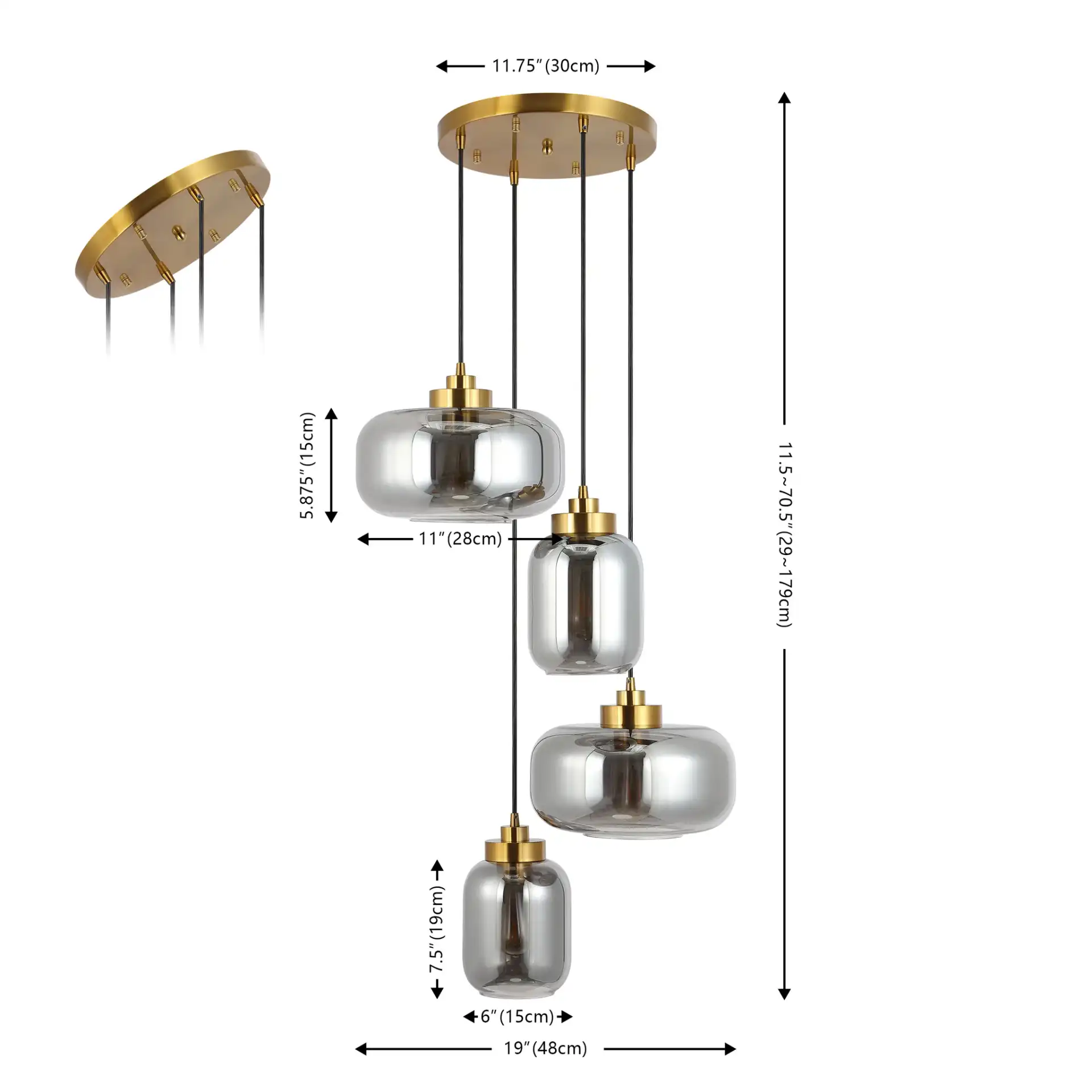 Equinox Four-Light Pendant in Smoke Gray / Brass, detail view