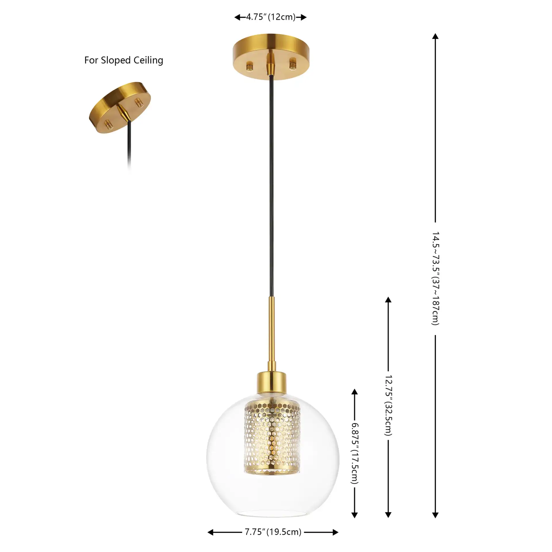 Toronto Pendant in Clear / Brass, detail view