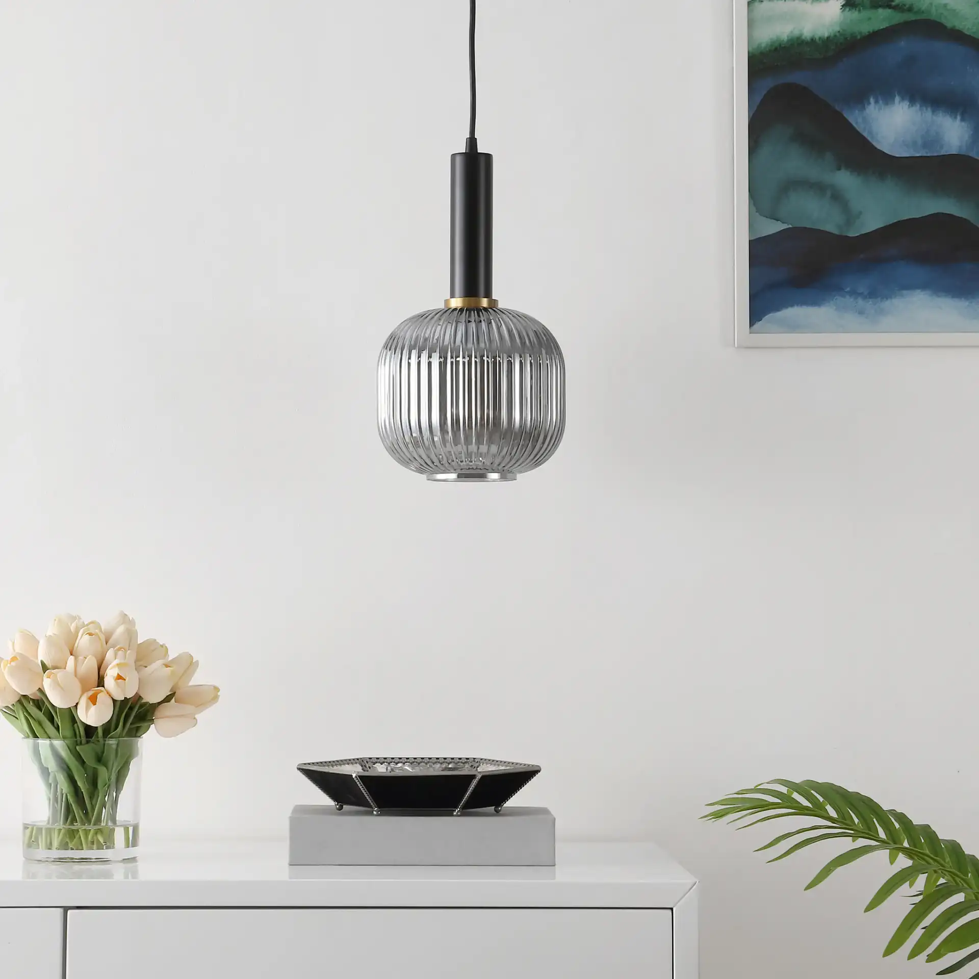 Rynner Pendant in Smoke Gray / Black in a styled room