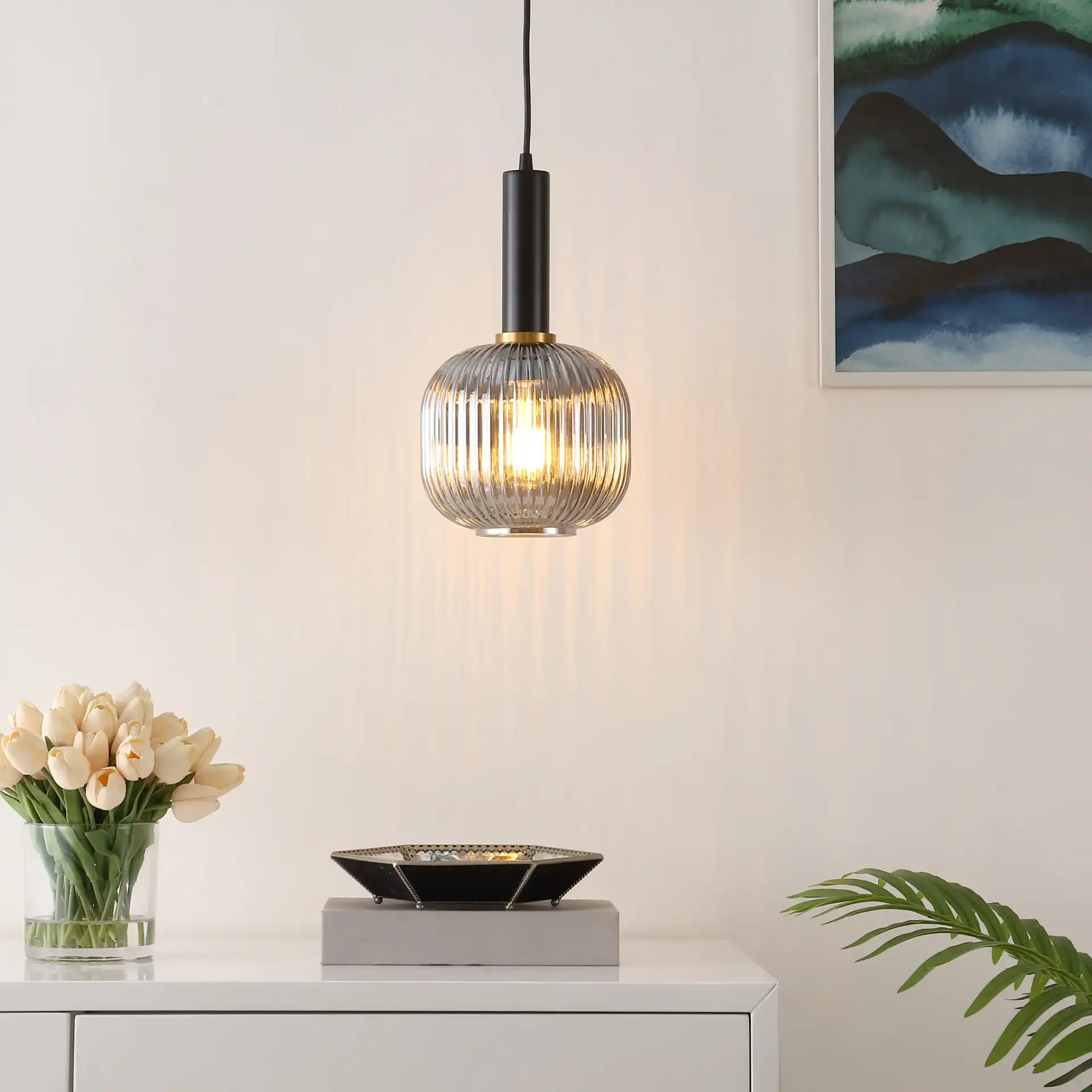 Rynner Pendant in Smoke Gray / Black in a styled room