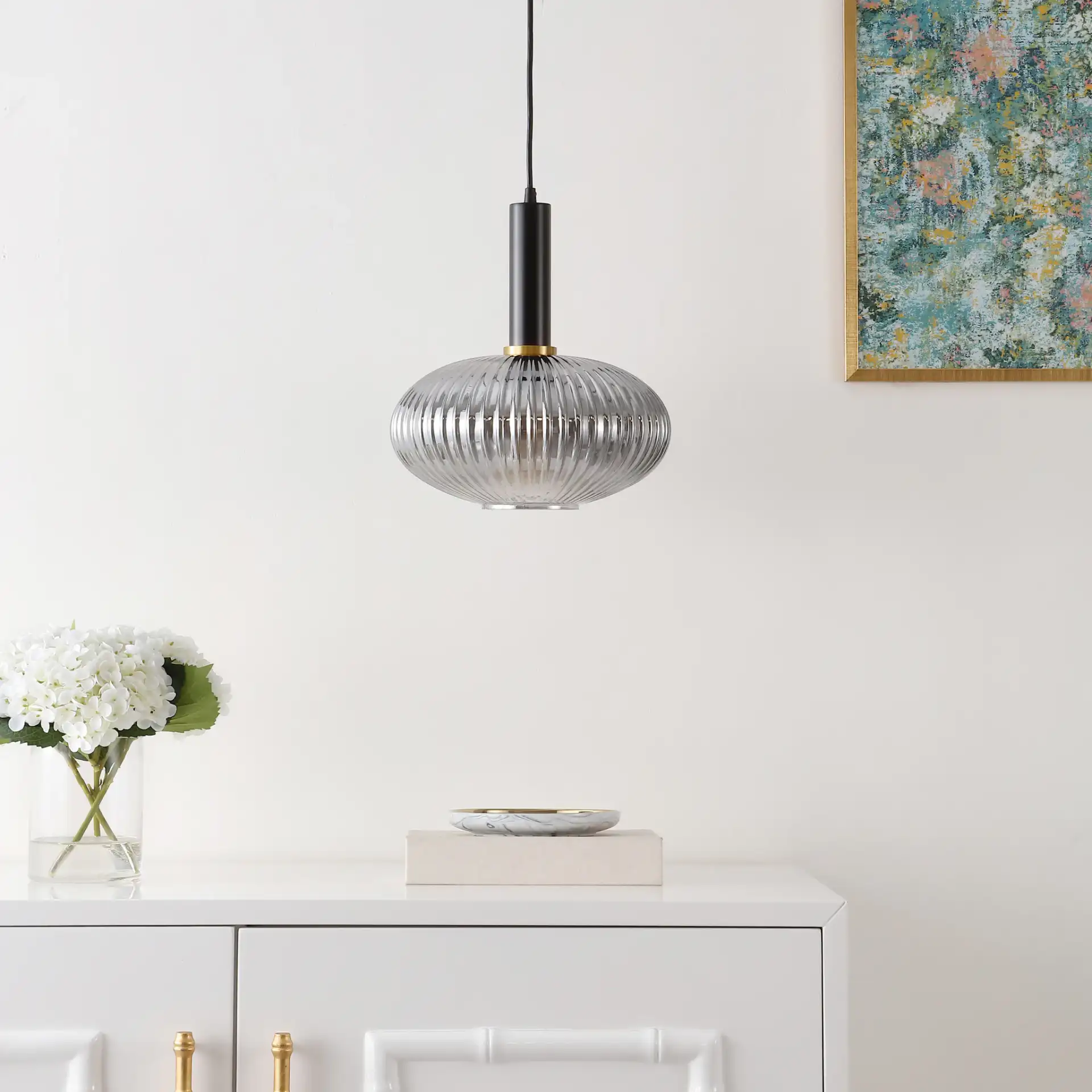 Zeon Pendant in Smoke Gray / Black in a styled room