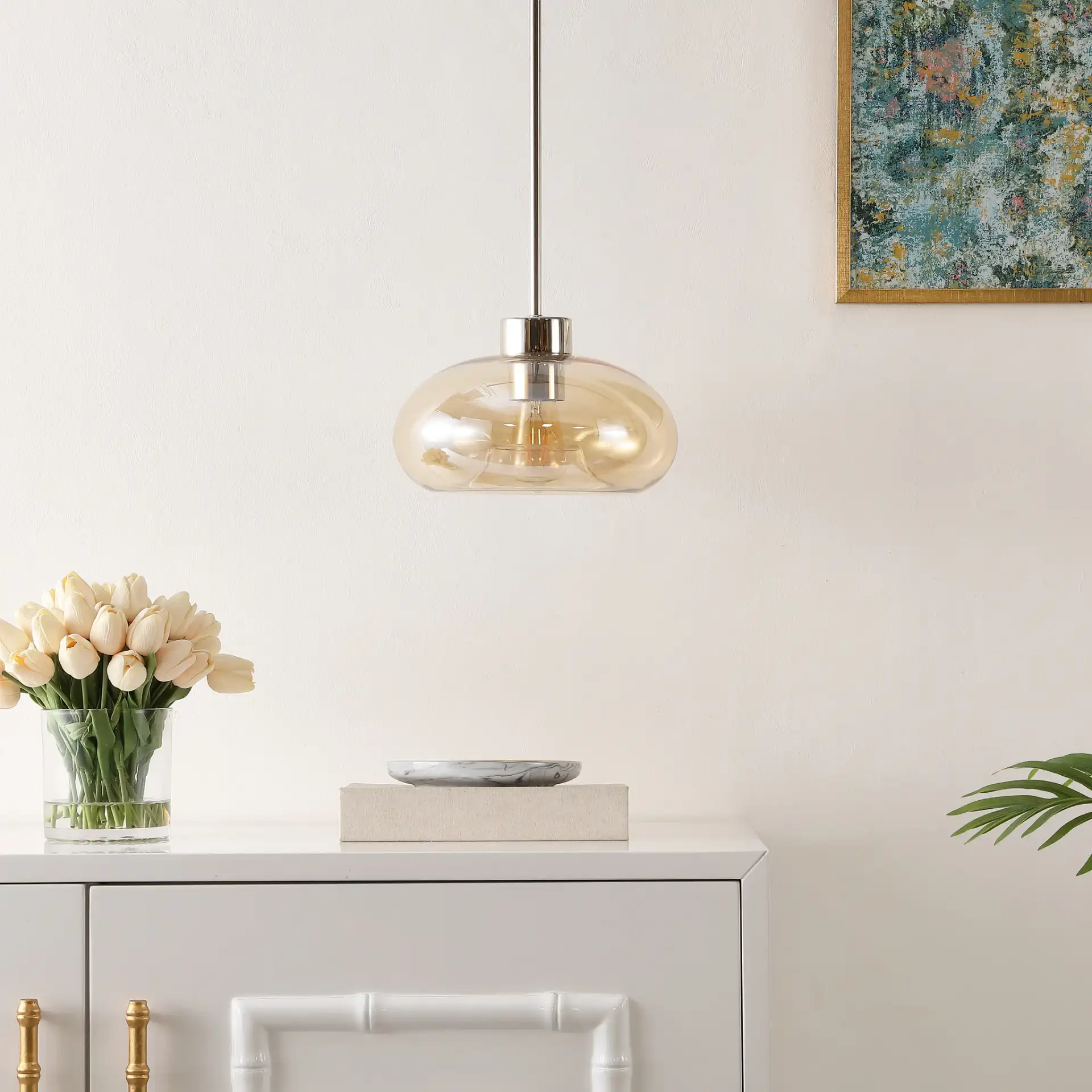 Jorie Pendant in Amber / Nickel in a styled room