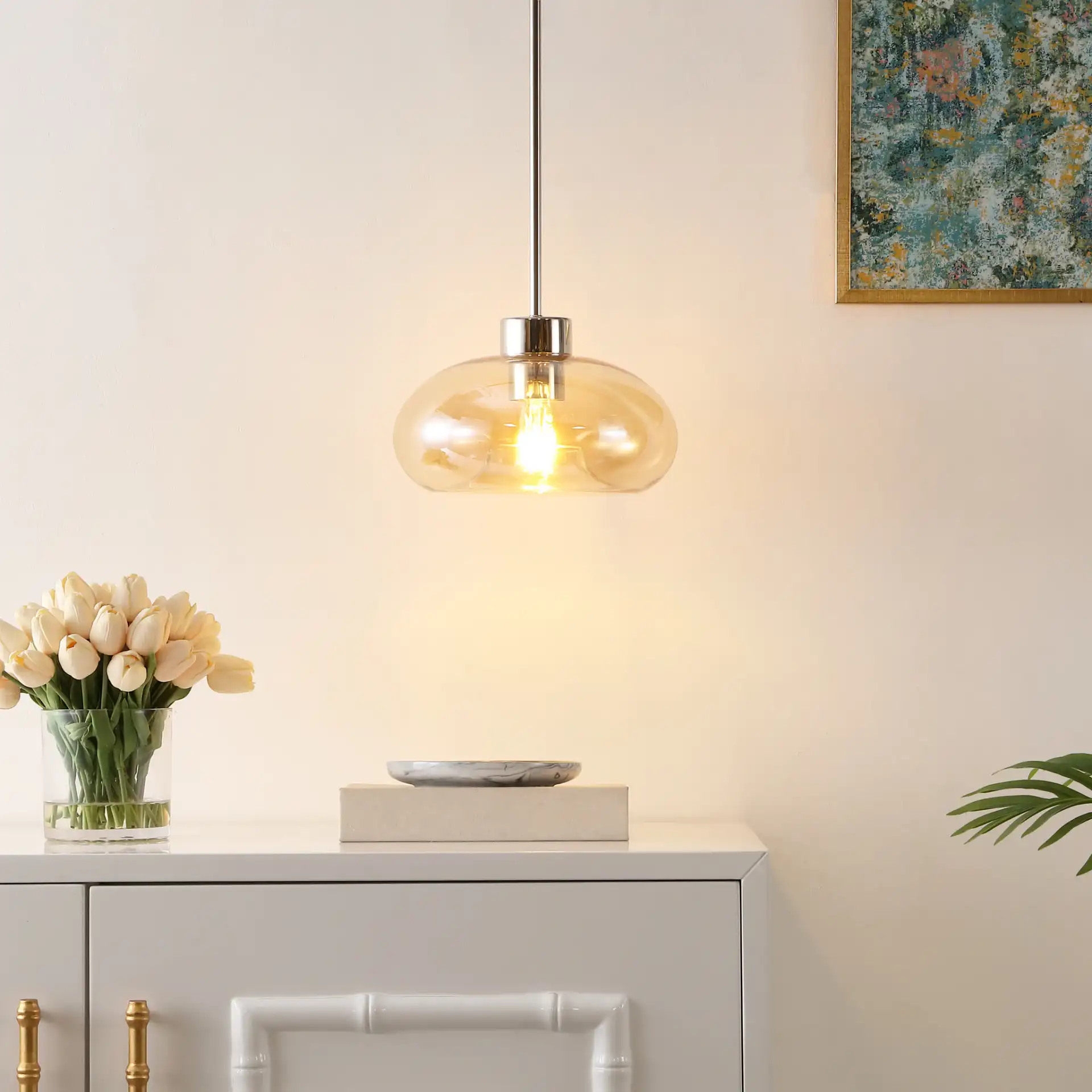 Jorie Pendant in Amber / Nickel in a styled room