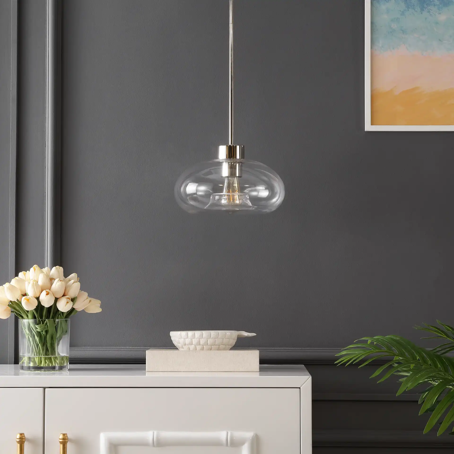 Wessley Pendant in Clear / Nickel in a styled room