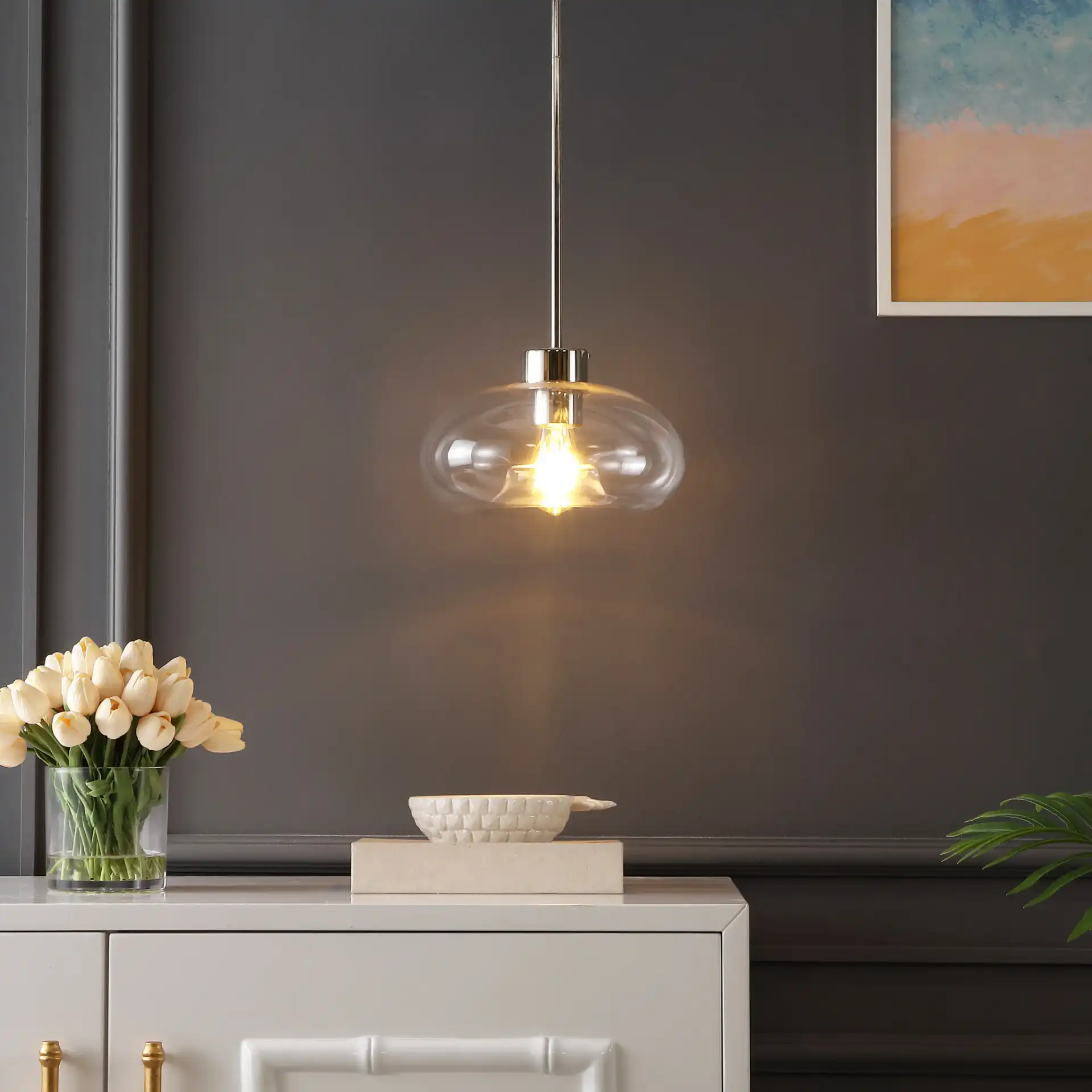 Wessley Pendant in Clear / Nickel in a styled room
