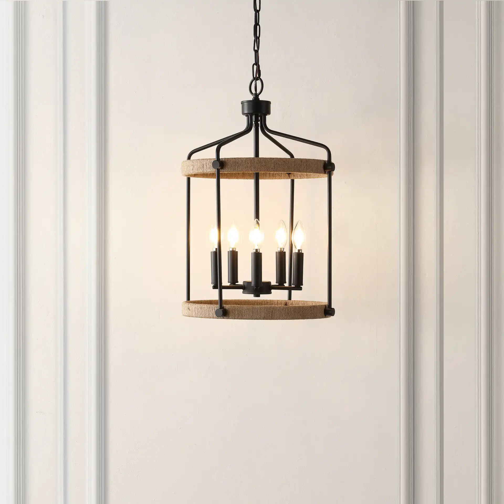 Dwyer Five-Light Pendant in Black / Brown in a styled room