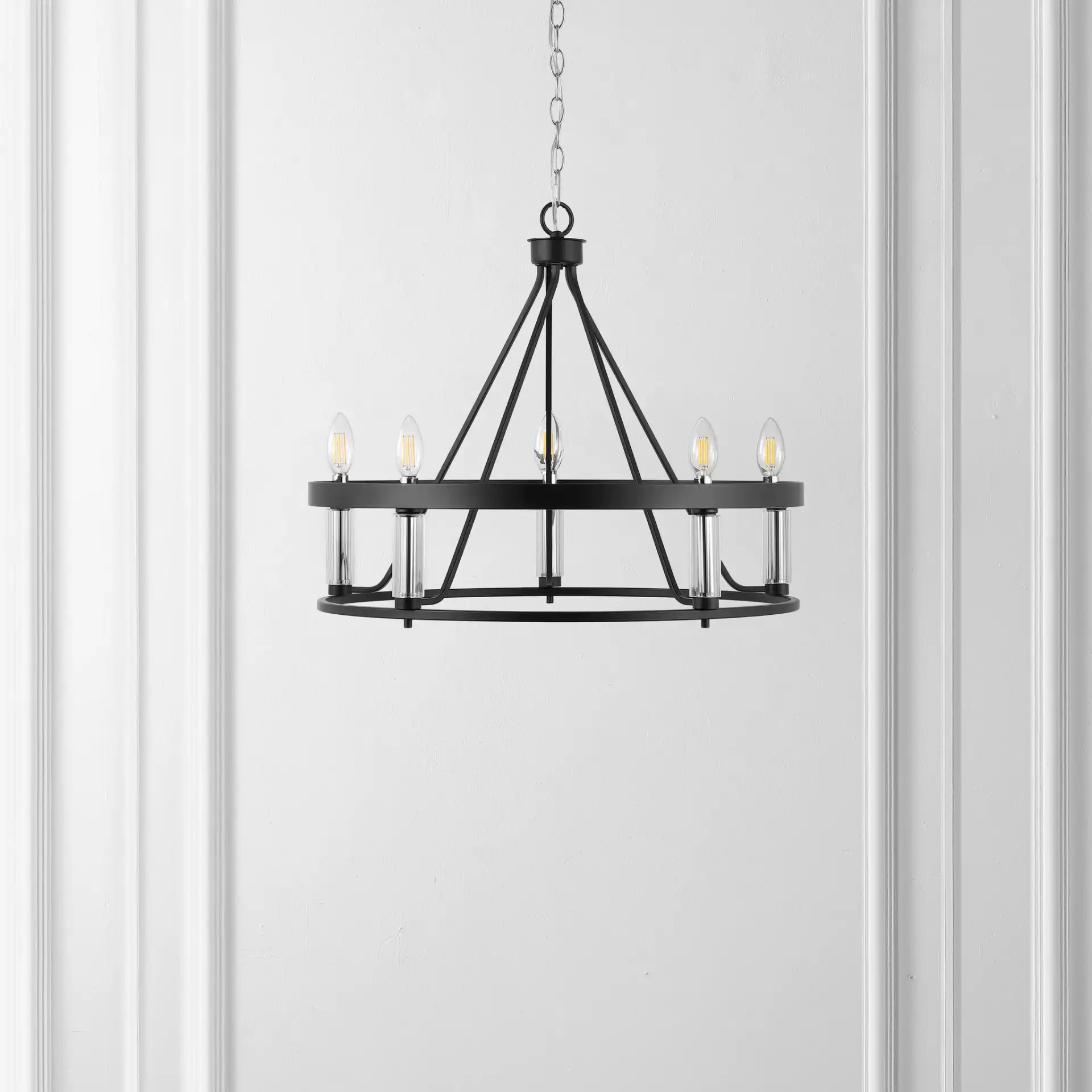 Trenton Five-Light Pendant in Black / Chrome in a styled room
