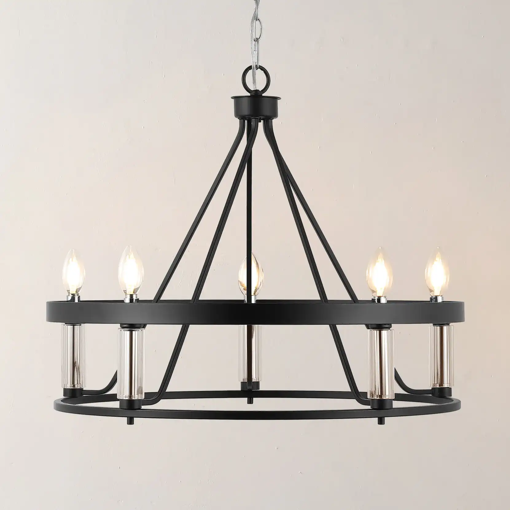 Trenton Five-Light Pendant in Black / Chrome in a styled room