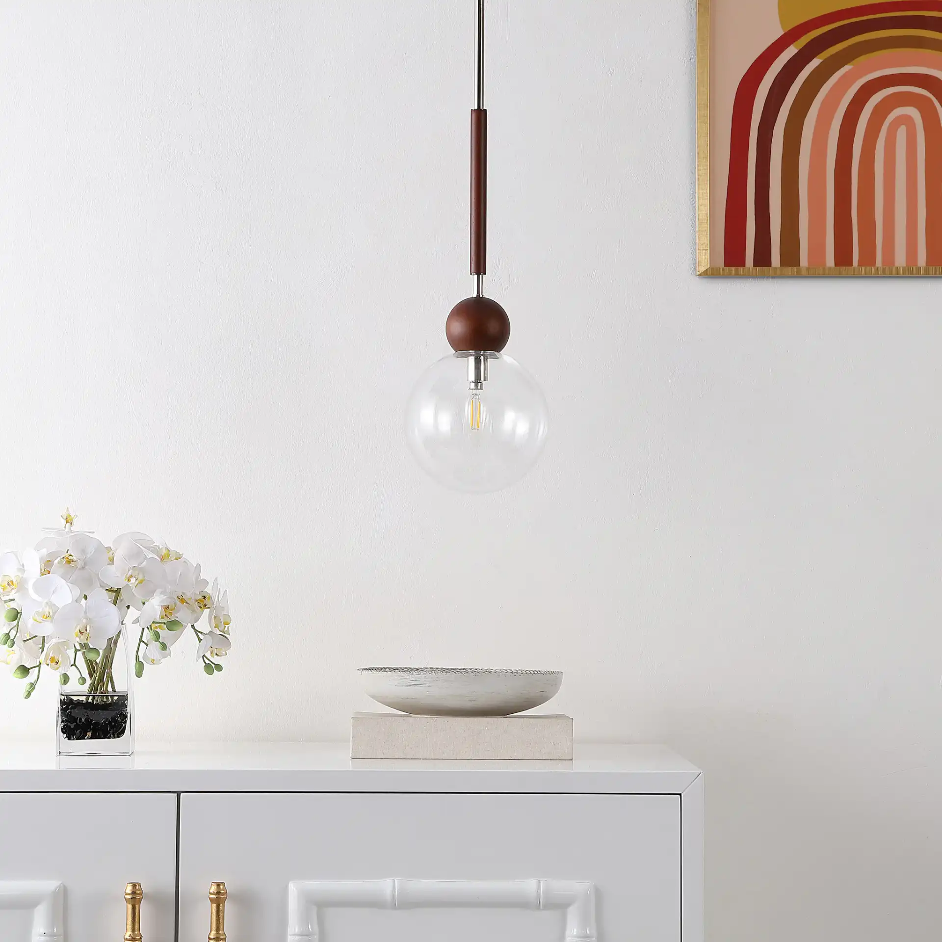 Roxora Pendant in Dark Walnut / Nickel in a styled room