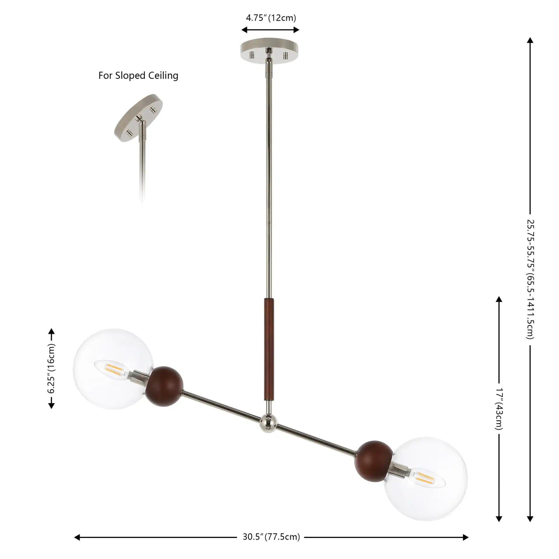 Rocky Two-Light Pendant in Dark Walnut / Nickel, detail view