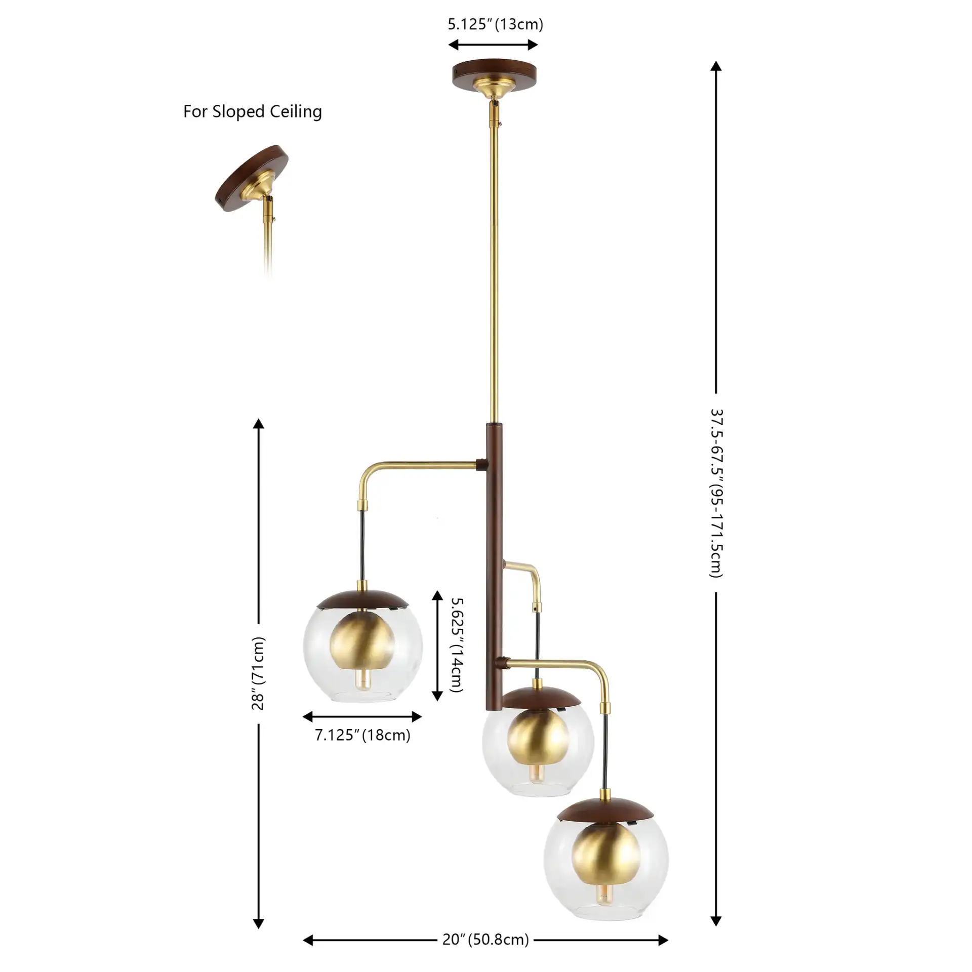 Vylora Three-Light Pendant in Dark Walnut / Brass, detail view
