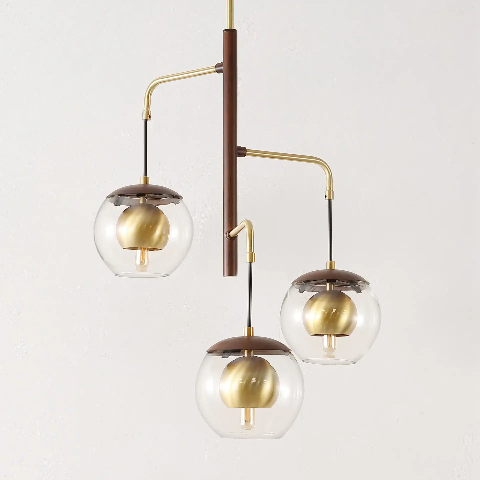 Vylora Three-Light Pendant in Dark Walnut / Brass, detail view
