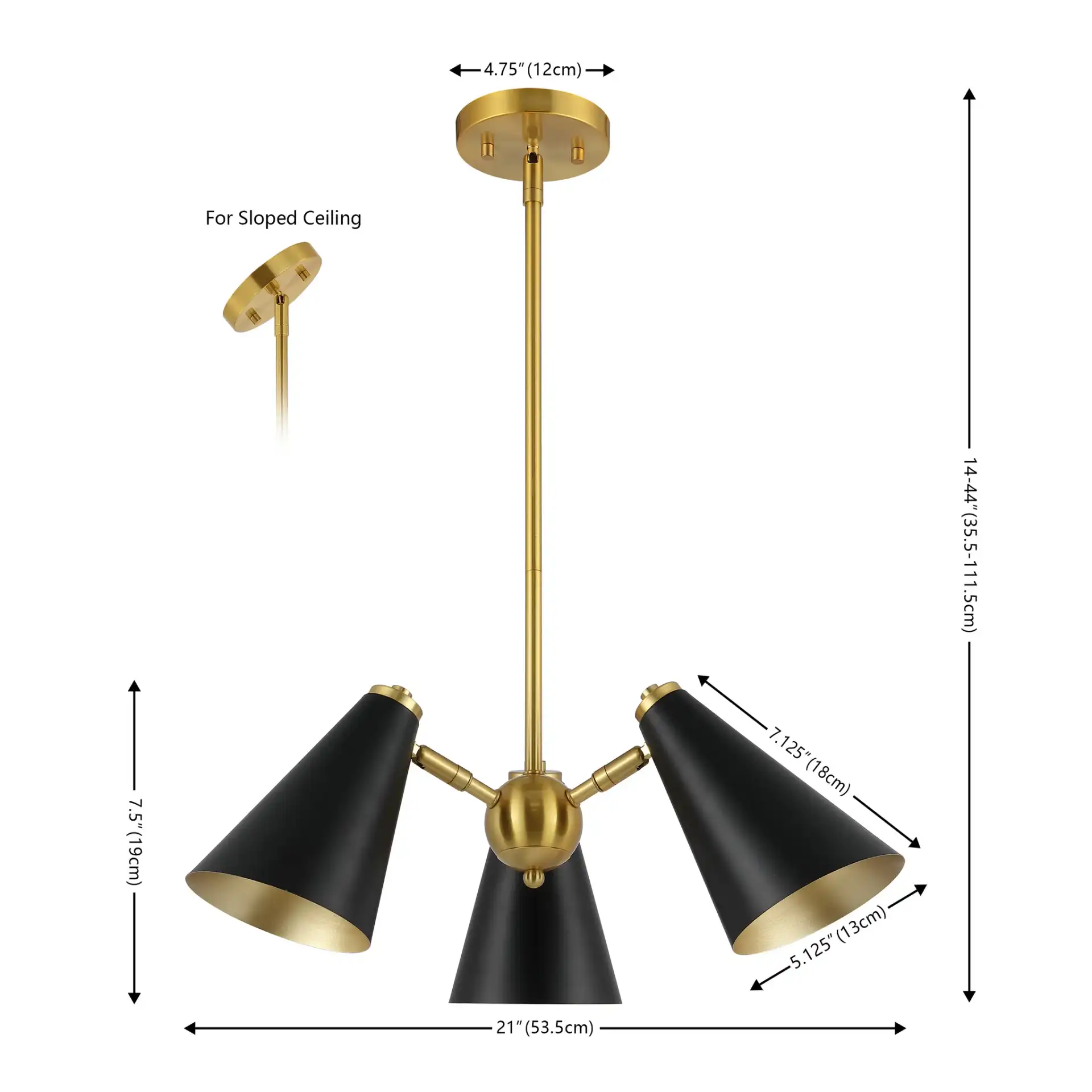 Naveeda Three-Light Pendant in Black / Brass, detail view