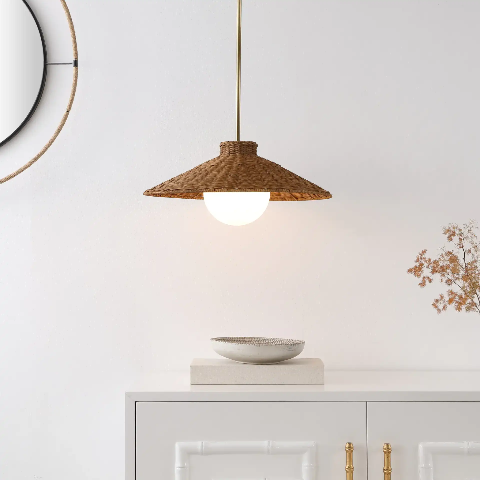 Kalena Pendant in Natural / Brass in a styled room