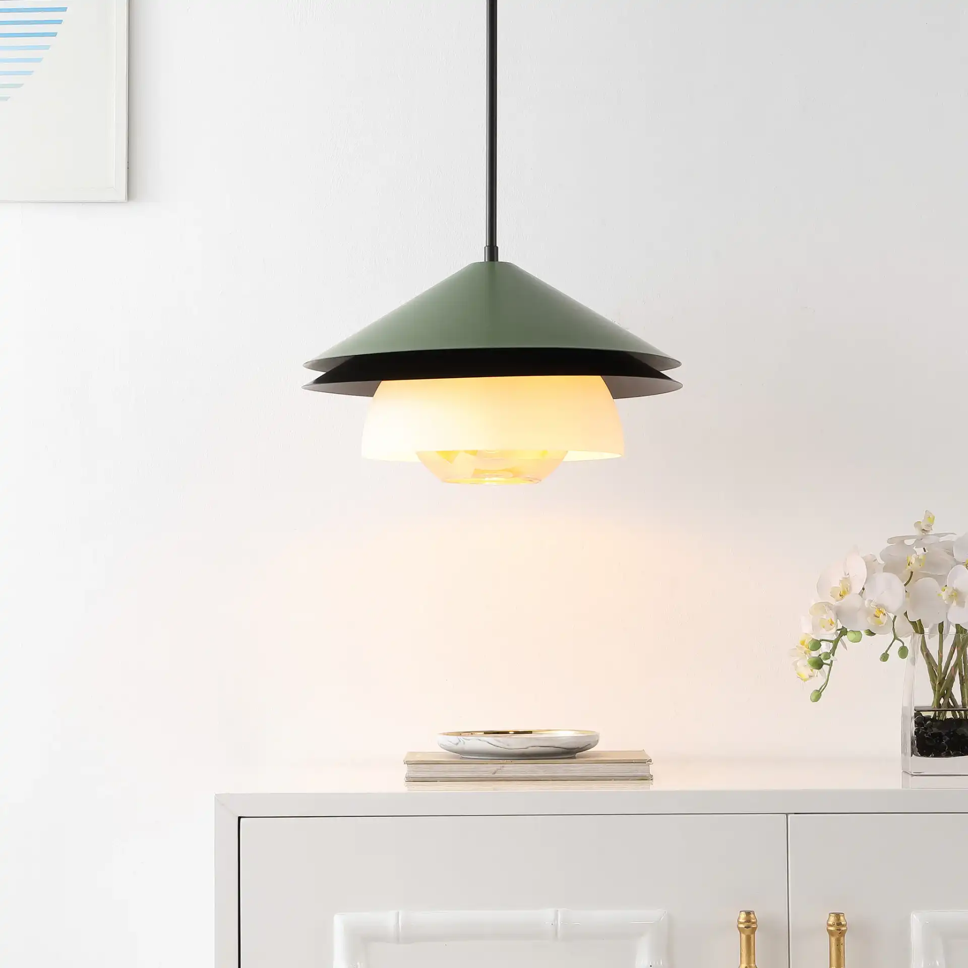 Jalen Pendant in Green in a styled room