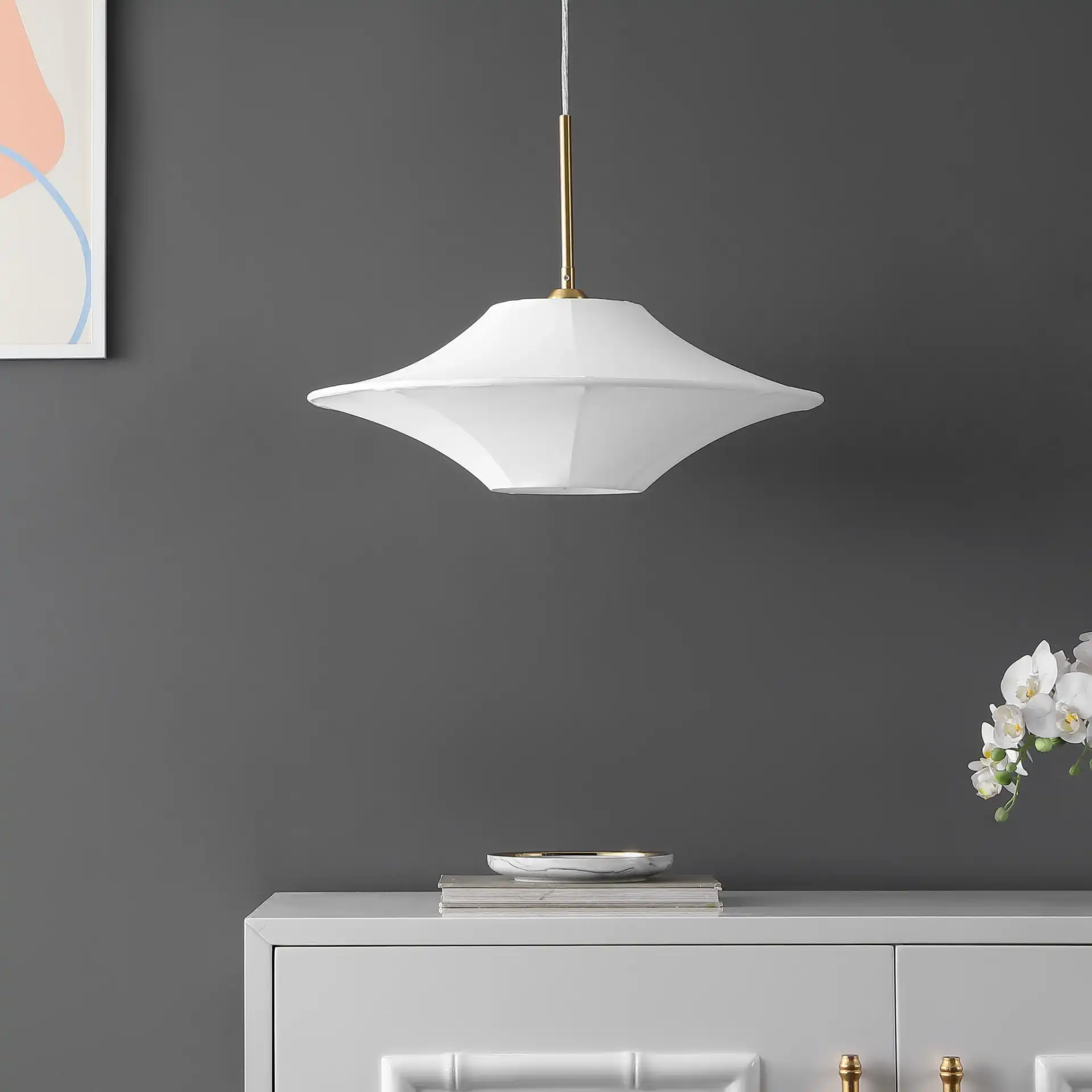 Lanai Pendant in White / Brass in a styled room