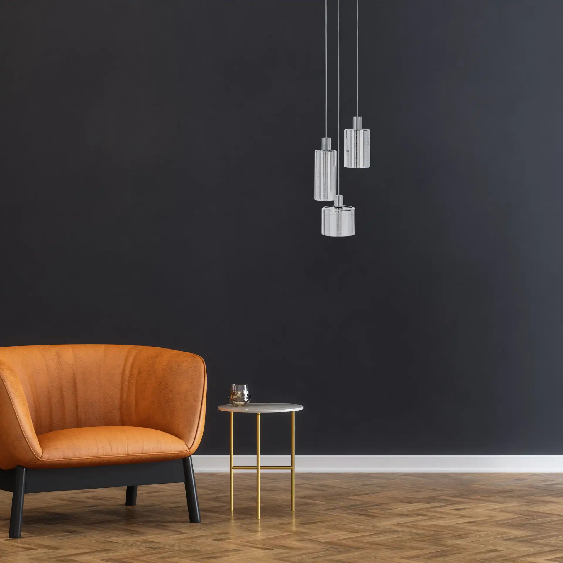 Ranlon Three-Light Pendant in Gray / Light Gray in a styled room