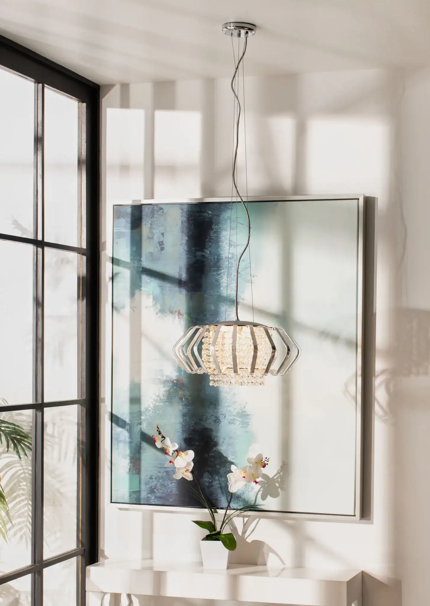 Fania Five-Light Pendant in Blue Crackle in a styled room