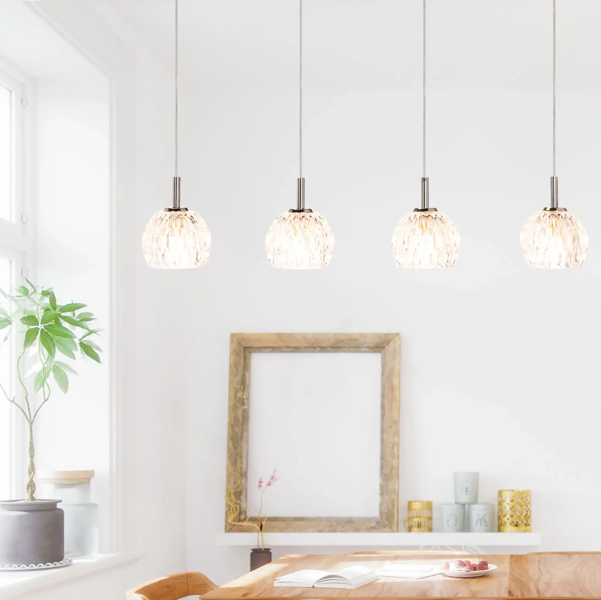 Lanson Four-Light Pendant in Antique White in a styled room